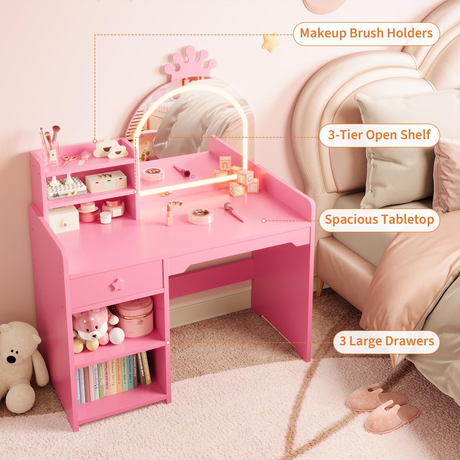 Tavolo da toeletta per bambini Garvee con specchio illuminato, set da toeletta 2 in 1 a forma di principessa, contenitore in legno per la cameretta delle bambine, cassaforte