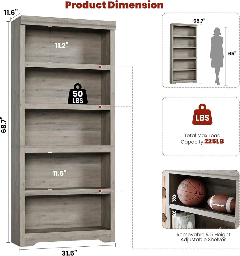 Garvee Libreria Rustica Alta 190,5 cm 2-6 Ripiani Regolabili MDF Robusta Antiribaltamento Soggiorno Studio