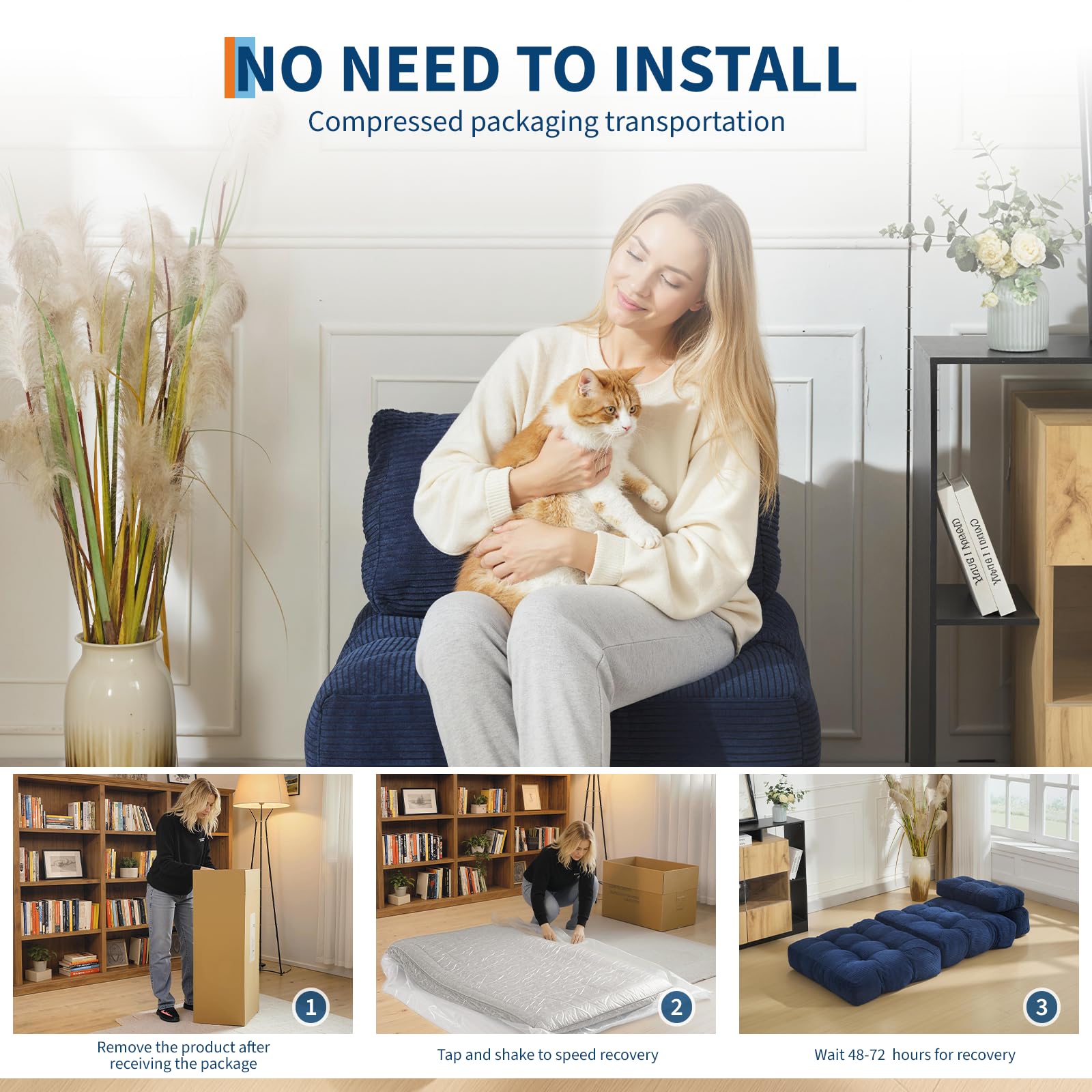 Divano letto 3 in 1 Garvee con cuscini e schienale per soggiorno e camera da letto, 34 pollici, blu navy, schiuma comfort, tessuto a coste