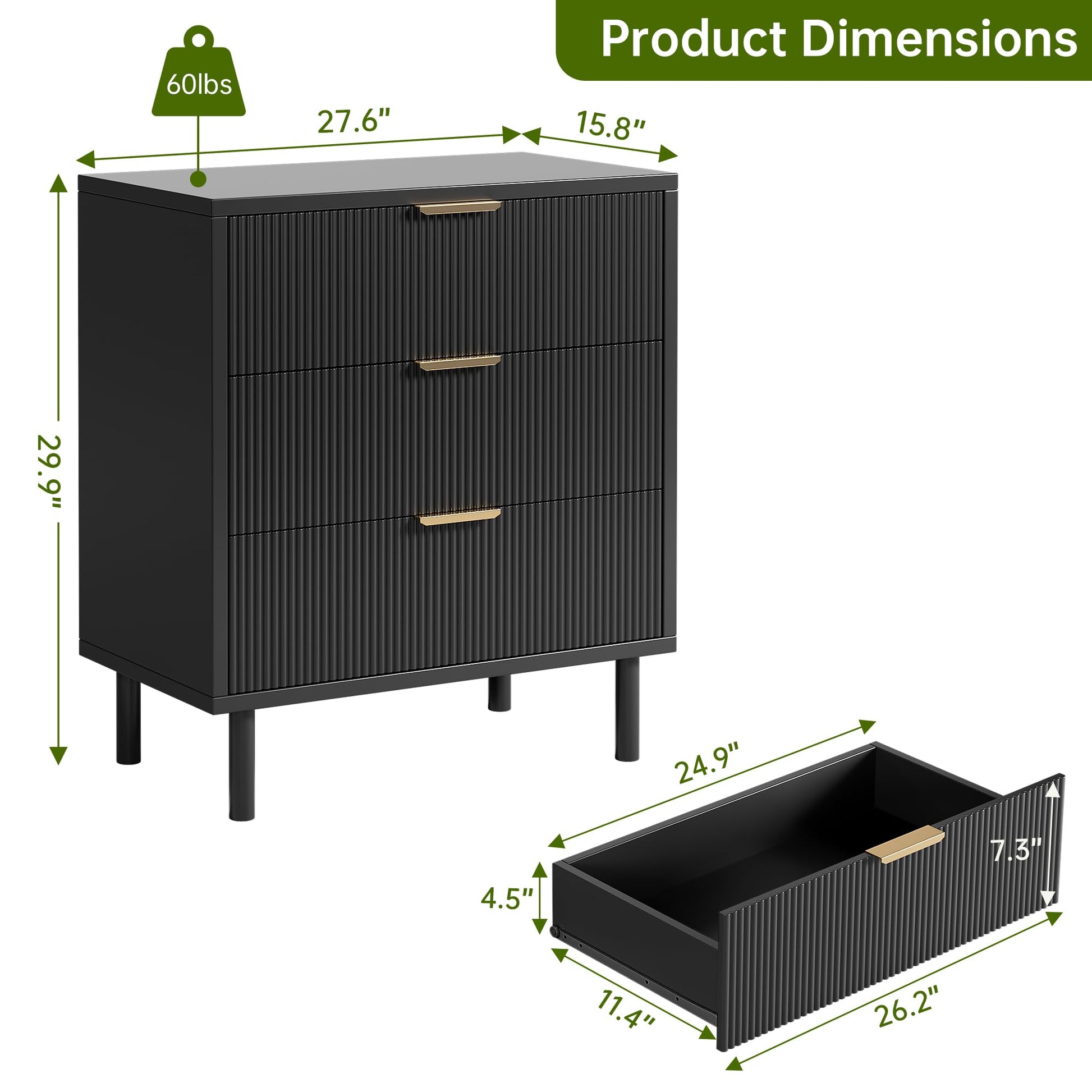 Cassettiera Garvee Black Fluted a 3 cassetti con gambe in metallo per camera da letto e soggiorno, moderna, robusta, in melamina, nera
