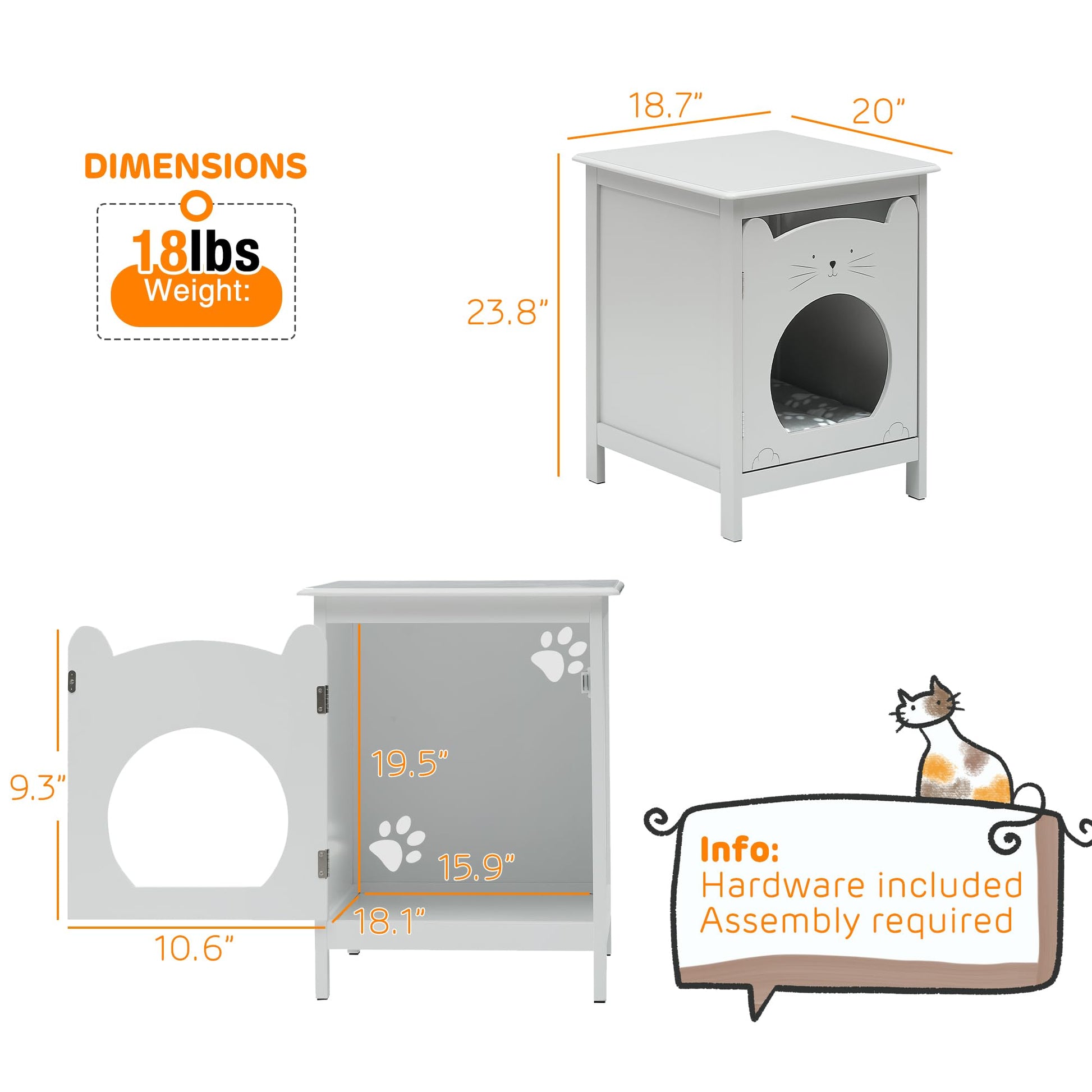 Garvee - Lettiera per gatti con porta e tavolino laterale per la ventilazione, per soggiorno, 18,7 x 20 x 23,8 cm, grigio