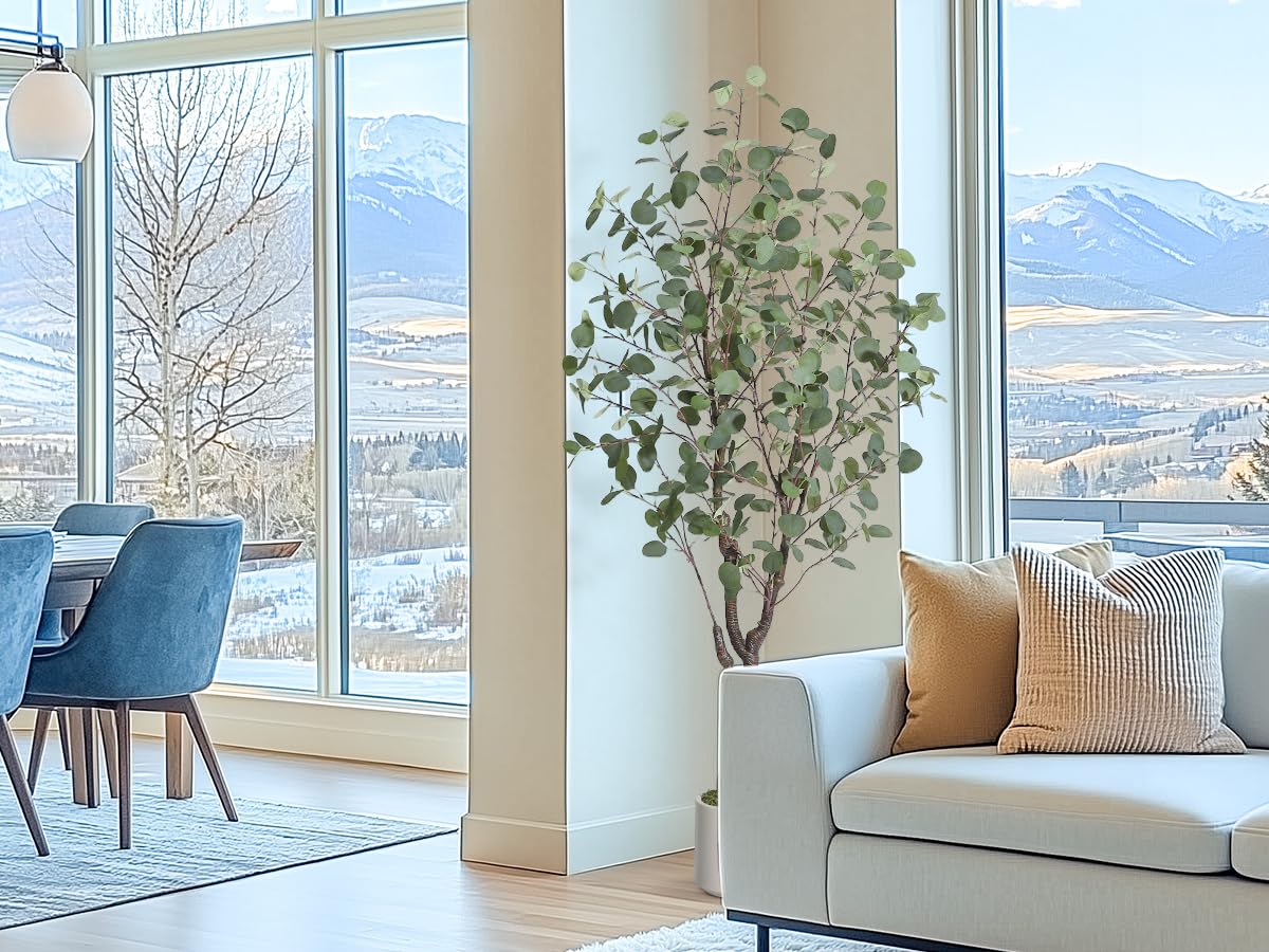 Albero di eucalipto artificiale Garvee da 1.5 m con 50 luci a LED, vaso di plastica, rami regolabili, facile da pulire per soggiorno e ufficio, bianco