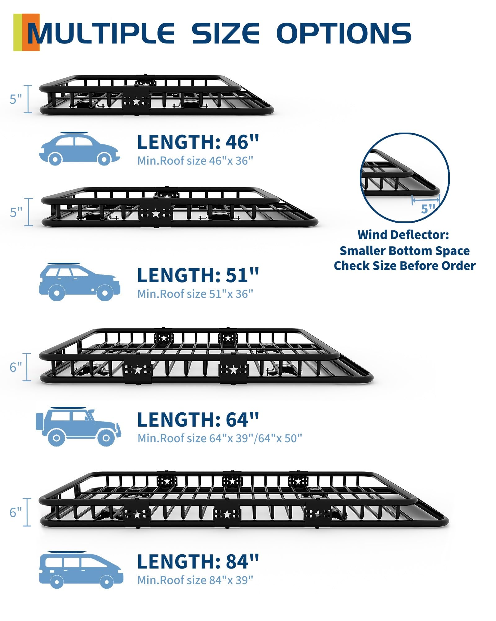 Portapacchi universale Garvee da 64"x39" con capacità di 200 libbre, acciaio resistente, deflettori antivento per SUV e camion, nero