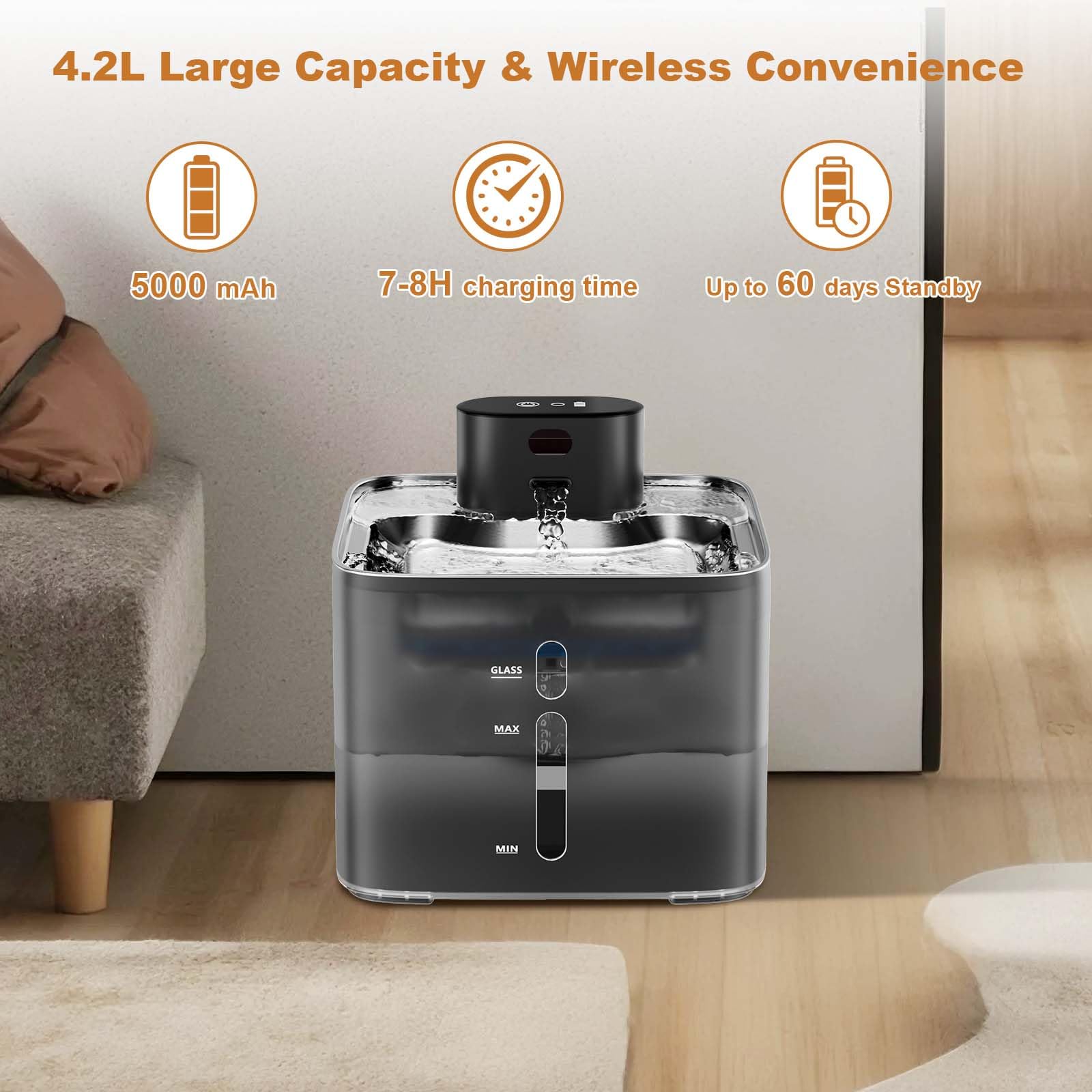 Fontanella per gatti Garvee da 4,2 litri in acciaio inossidabile con sensore di movimento wireless, silenziosa, ricaricabile, nera, per la casa