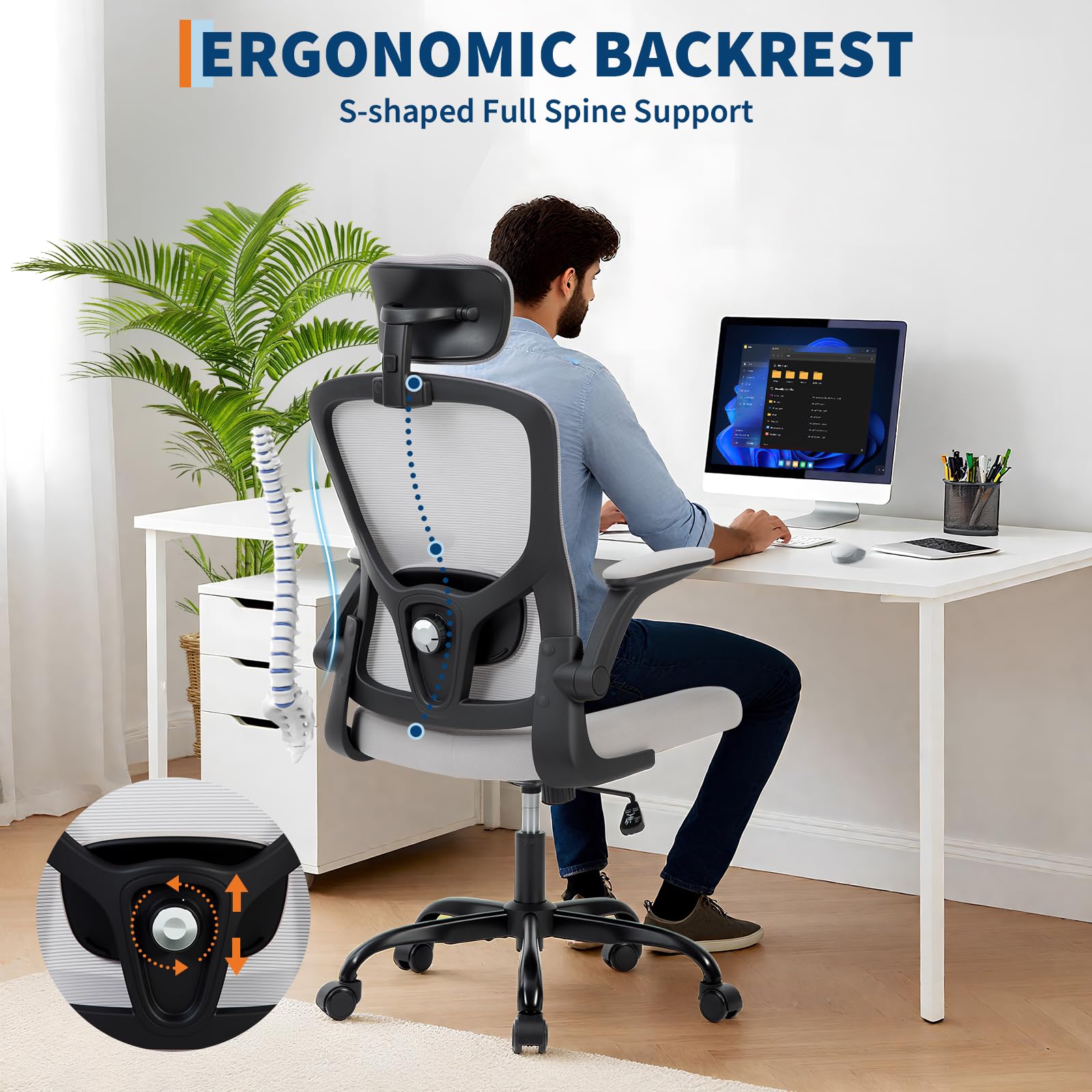 Sedia da ufficio ergonomica Garvee con supporto lombare regolabile e poggiatesta, rete traspirante, braccioli pieghevoli, girevole, grigio, ufficio