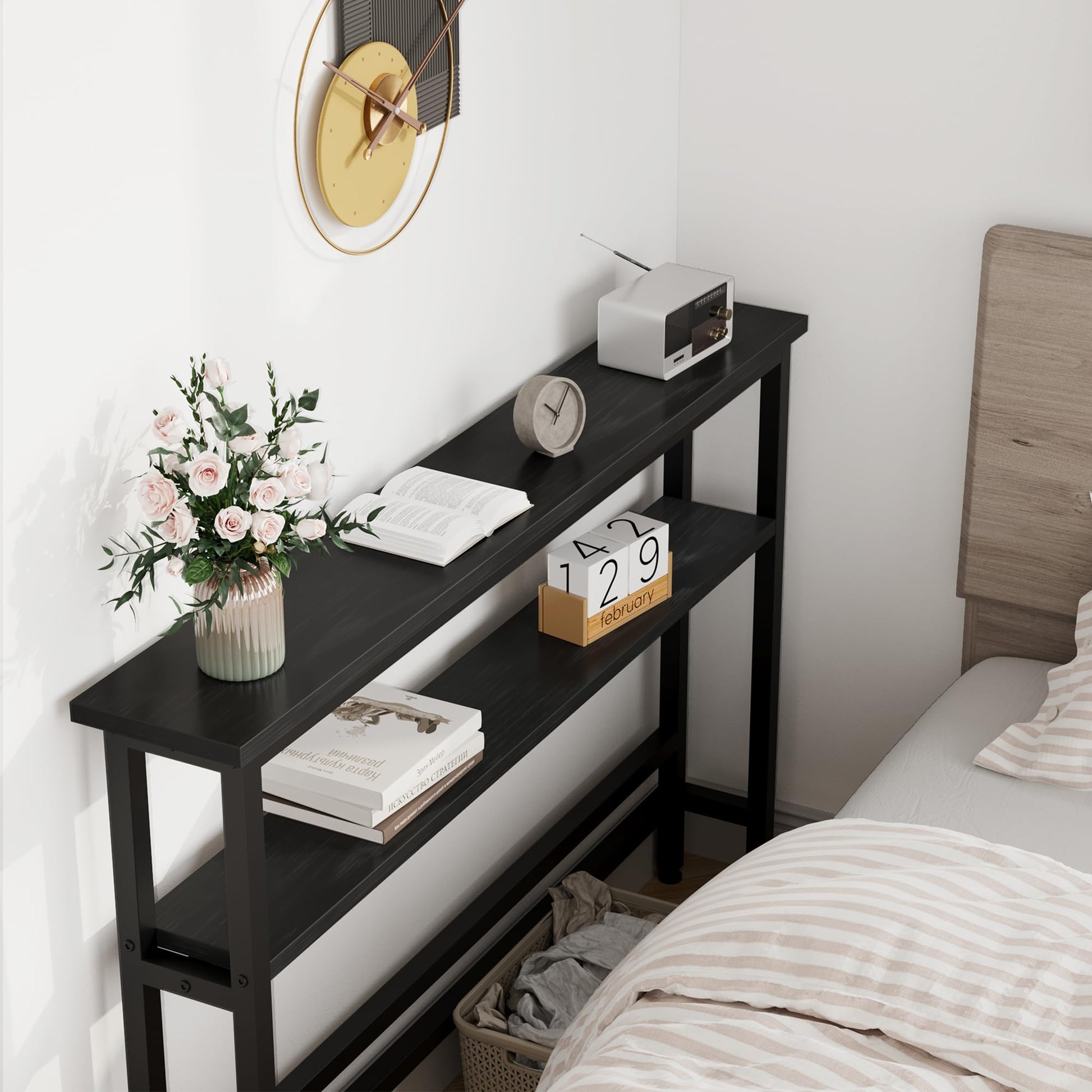 Tavolino da divano stretto Garvee da 5,9", regolabile a 2 livelli, MDF e metallo, nero, per soggiorno e corridoio, compatto e robusto