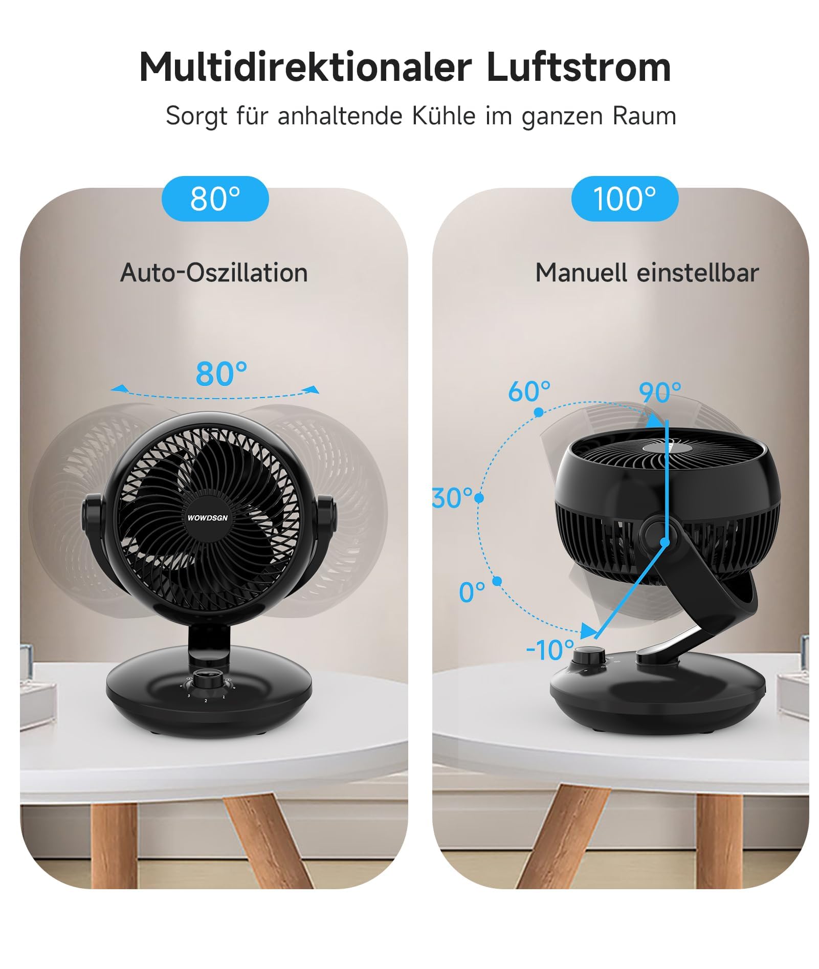 Ventilatore da tavolo Garvee silenzioso 24 dB con oscillazione 3D, circolazione dell'aria turbo, 3 velocità, nero, compatto, per ufficio e camera da letto