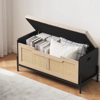 Garvee Panca Contenitore 39.4" in Rattan con Cuscino Nero e Rovere, Struttura Metallica Robusta, Maniglie Laterali Ergonomiche per Ingresso e Soggiorno