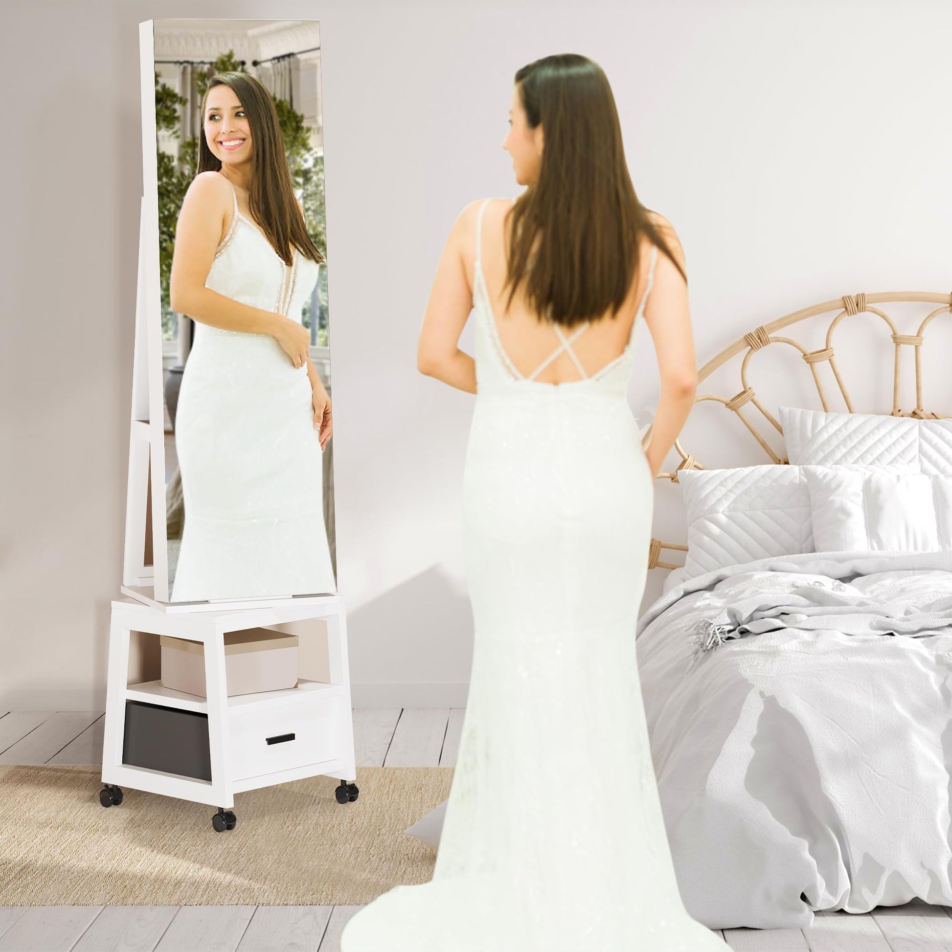 Mobiletto portagioie girevole a 360° Garvee con luci a LED, specchio per il trucco, specchio intero, rivestimento in velluto, bloccabile, con ruote, bianco - Ideale per camere da letto