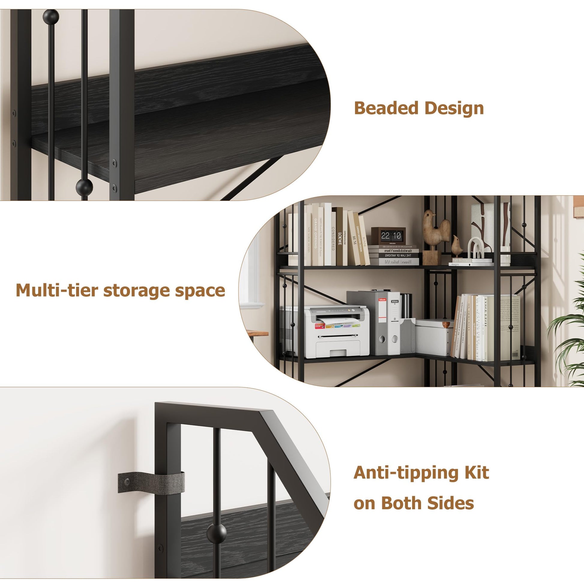 Mensola angolare Garvee da 72" a forma di L, in metallo e MDF, per soggiorno e camera da letto, robusta, antiribaltamento, a 5 ripiani, nera