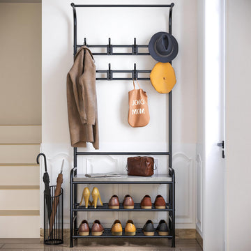 Panca portascarpe Garvee Hall Tree con 8 ganci, guardaroba 4 in 1 per corridoio e camera da letto, 23,57" x 11,77" x 70,77" grigio