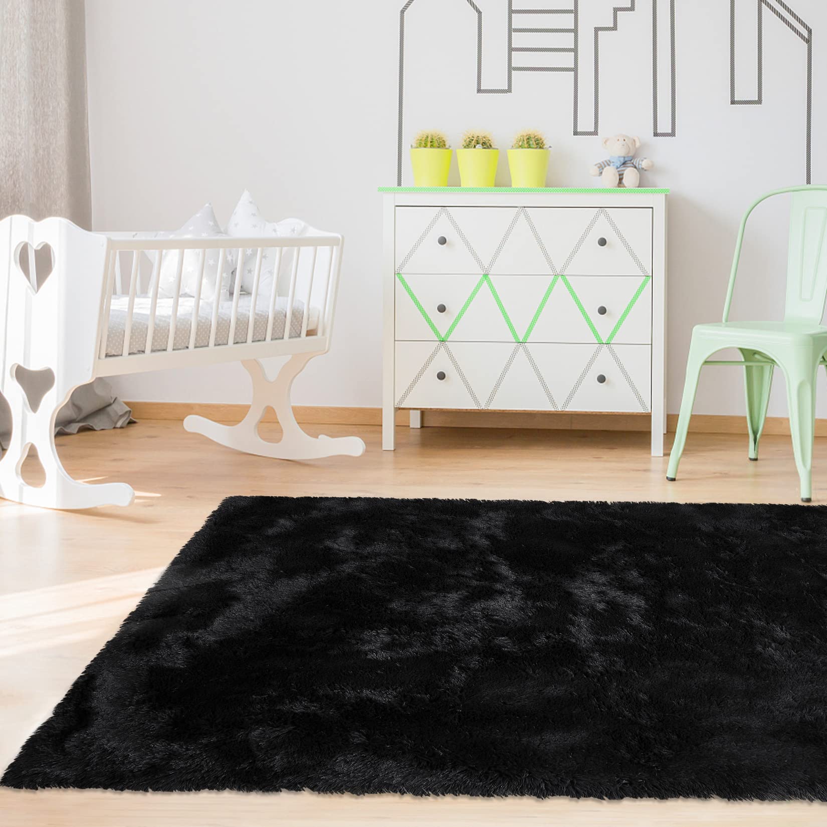 Tappeto rotondo Garvee Fluffy 3'3,3" per cameretta dei bambini, morbido velluto a pelo lungo, nero, antiscivolo, arredamento per soggiorno e camera da letto