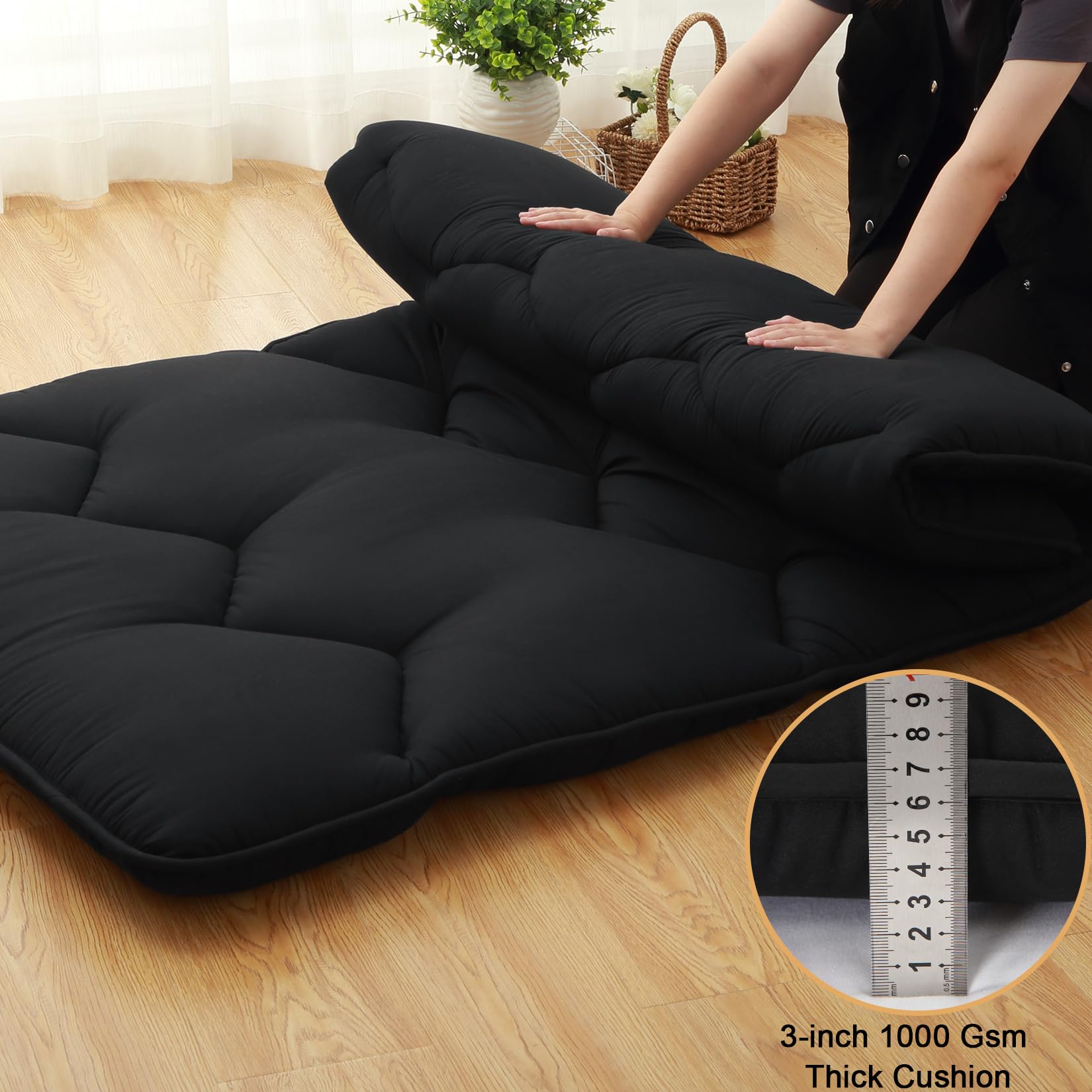 Materasso futon giapponese Garvee, misura singola, strato di schiuma ad alta densità, 105 g/m², in microfibra di cotone, arrotolabile, per campeggio e camere degli ospiti