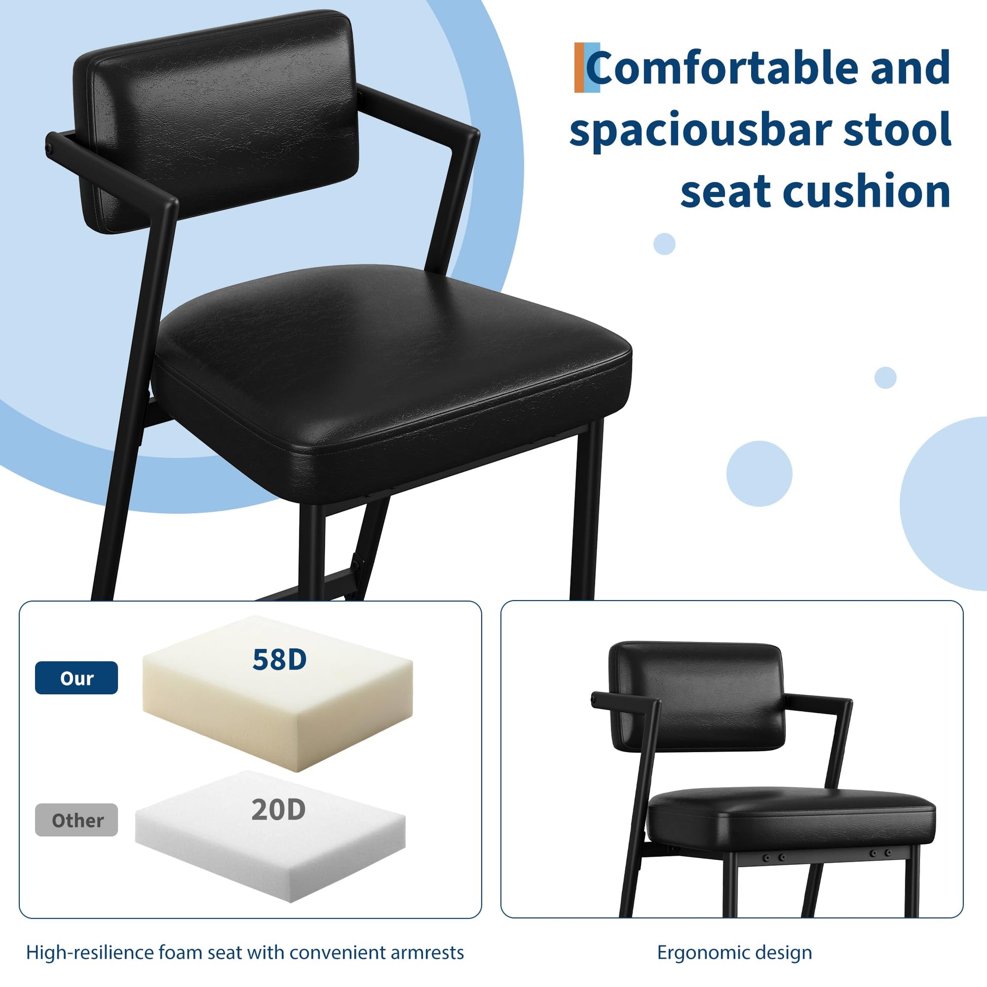 Set di 2 sgabelli da bar Garvee, sedia imbottita con schienale e poggiapiedi per cucina e bar, 26,8 pollici, pelle PU resistente all'acqua, nero