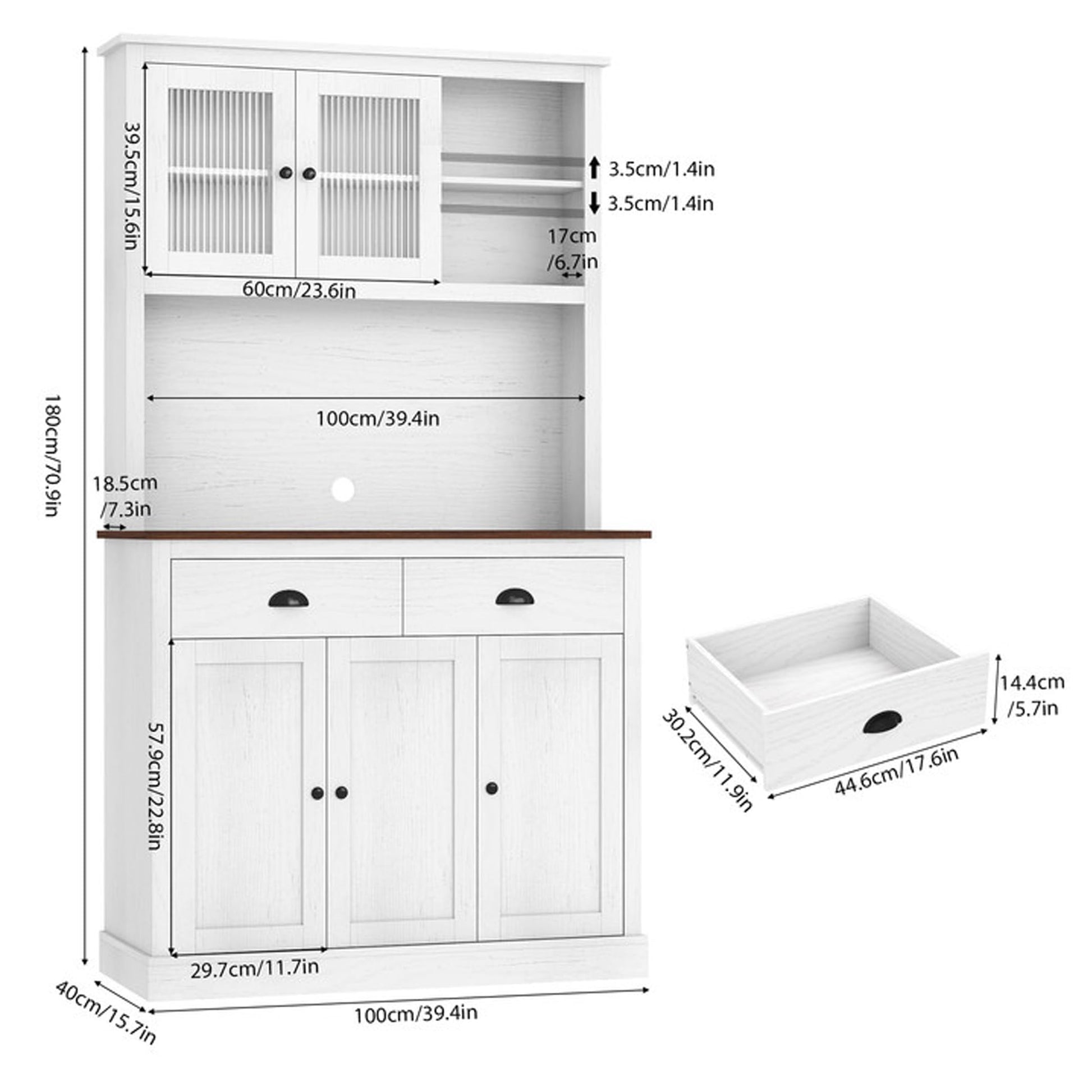 Mobile da cucina Garvee con cassetti e ripiani regolabili, dispensa alta 180 cm per cucina e sala da pranzo, materiale in truciolato ad alta densità, bianco
