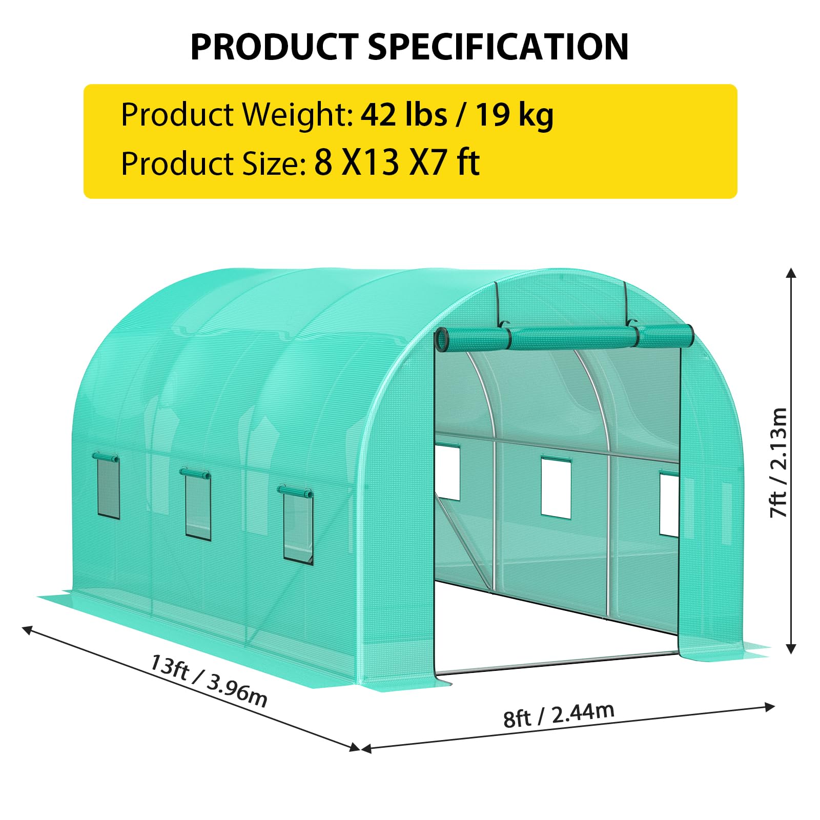Serra Garvee 13x8x7 piedi con struttura in acciaio zincato, 6 finestre, porta avvolgibile con cerniera, copertura in PE verde, resistente alle intemperie, ideale per il giardino