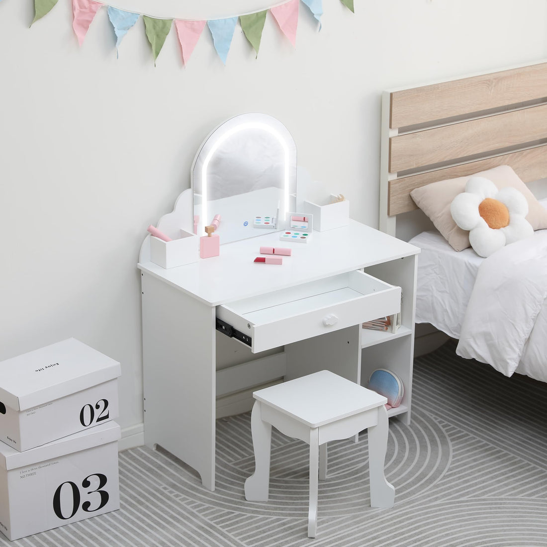 Tavolo da toeletta per bambini Garvee con specchio illuminato e sgabello per bambine dai 3 ai 9 anni, MDF, bianco, luce LED, ampio spazio di archiviazione