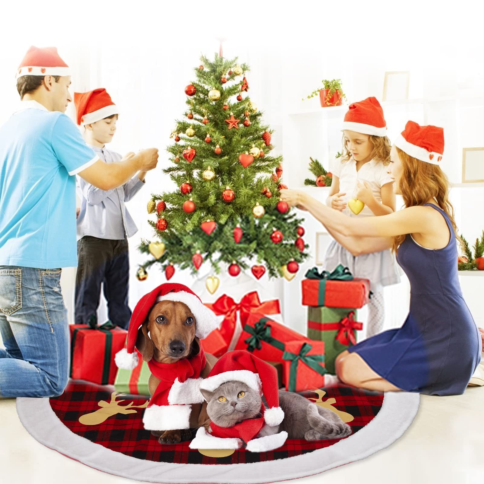 Gonna per albero di Natale Garvee da 48 pollici, motivo a quadri rossi e neri con motivo a cervo, pelliccia sintetica, per casa e feste