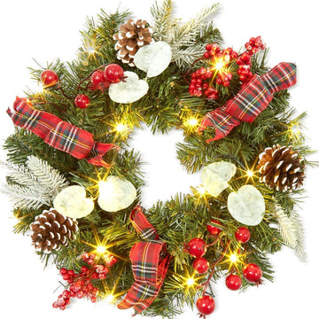 Ghirlanda natalizia GARVEE da 45 cm con 15 luci LED, pigne e bacche per la decorazione di porte e finestre, materiali naturali, stile festoso del bosco