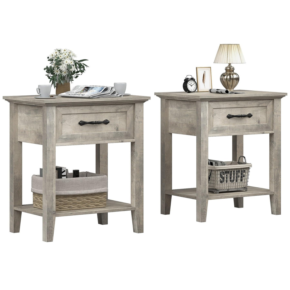 Set di 2 comodini Garvee Grey con cassetto, 2 livelli di stoccaggio, legno, robusto, per camera da letto e soggiorno, 19,7x15,7x23,4 pollici, grigio