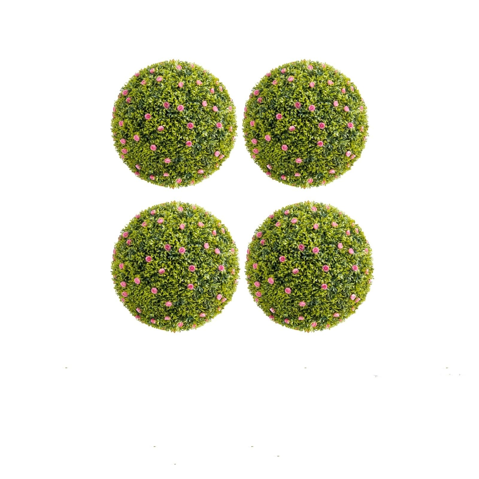 Garvee Set di 4 palline di bosso artificiali da 12,6" con fiori rosa per balcone e giardino, resistenti ai raggi UV, senza manutenzione, materiale PE, verde/rosa