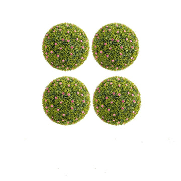 Garvee Set di 4 palline di bosso artificiali da 12,6" con fiori rosa per balcone e giardino, resistenti ai raggi UV, senza manutenzione, materiale PE, verde/rosa