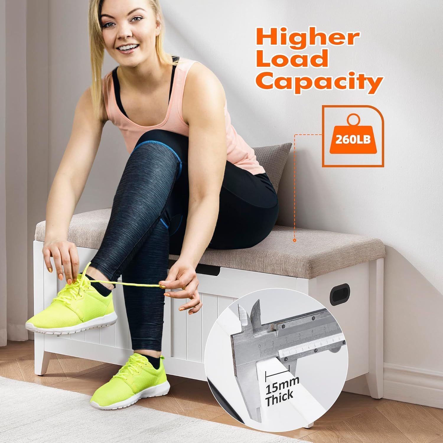 Panca contenitore Garvee da 39,4" con cuscino, cerniere di sicurezza, cassapanche, truciolato, bianco, per corridoio e soggiorno