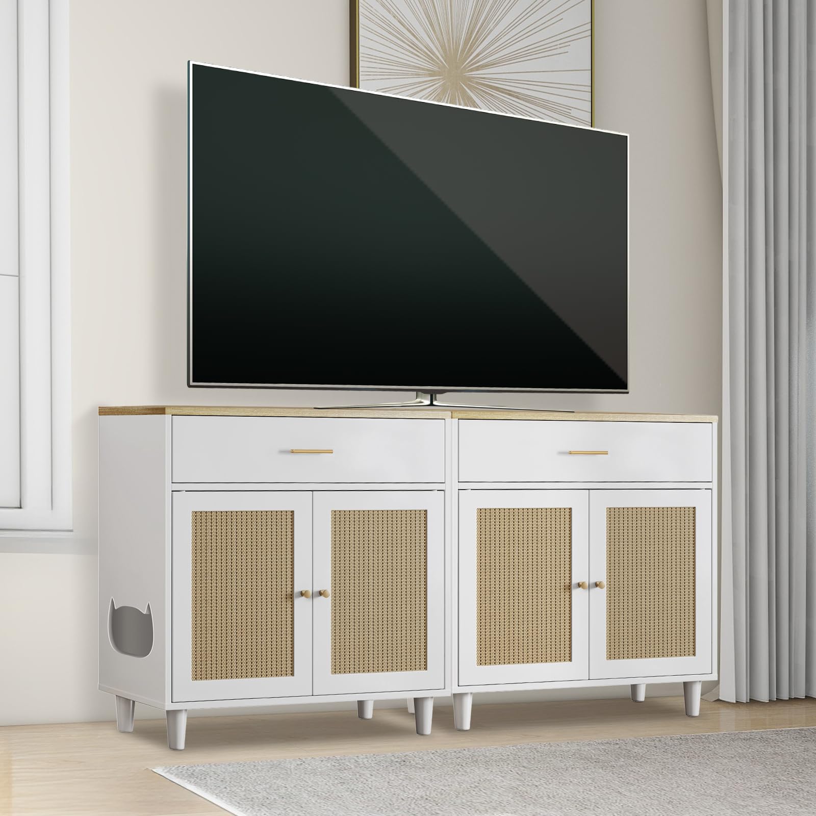 Garvee, mobiletto per lettiera nascosta per gatti con contenitore, ante in sisal, legno, soggiorno, 31,75x15,75 pollici, colore naturale