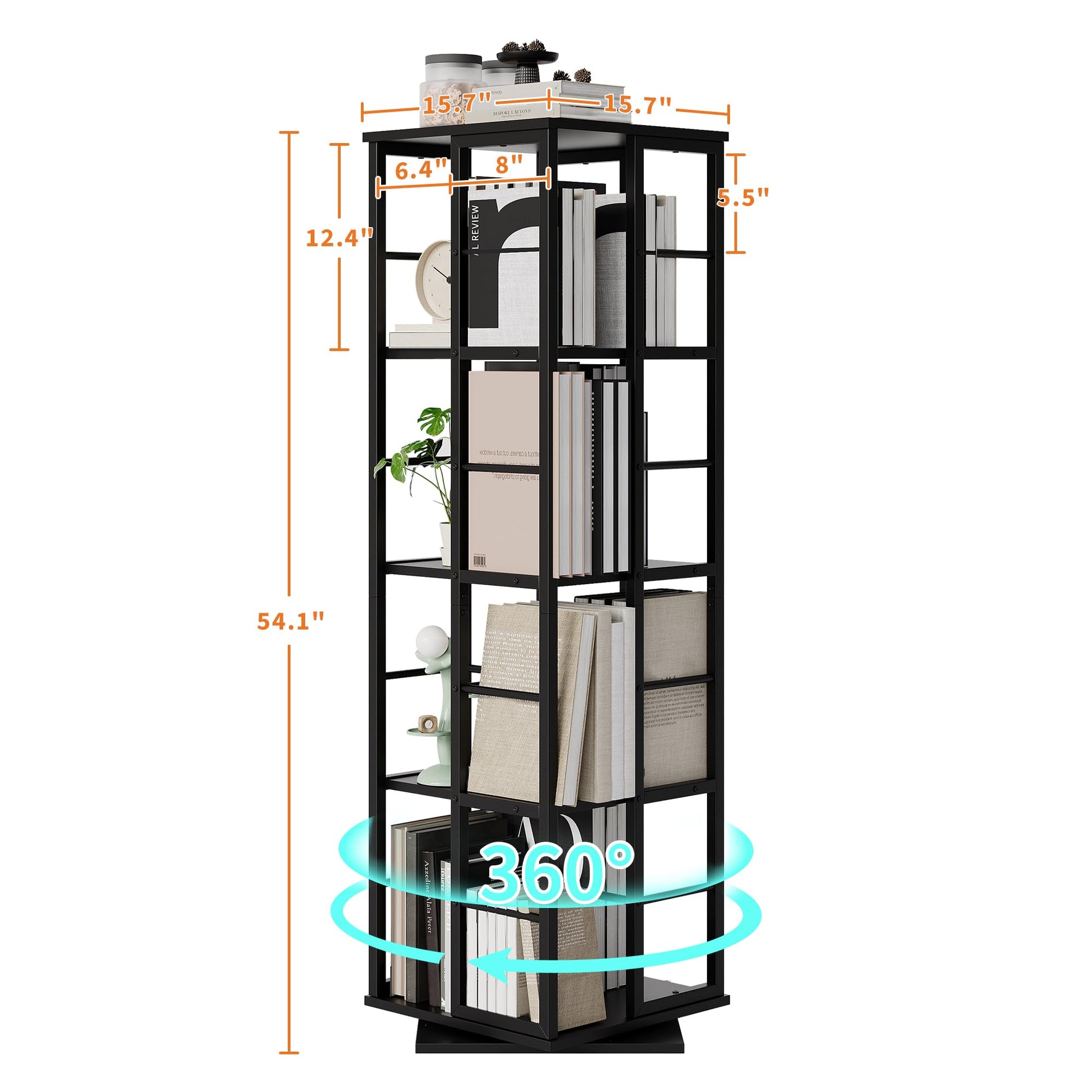 Libreria girevole Garvee, scaffale angolare a 4 ripiani, girevole a 360°, legno e metallo, soggiorno, ufficio, 54 pollici, marrone