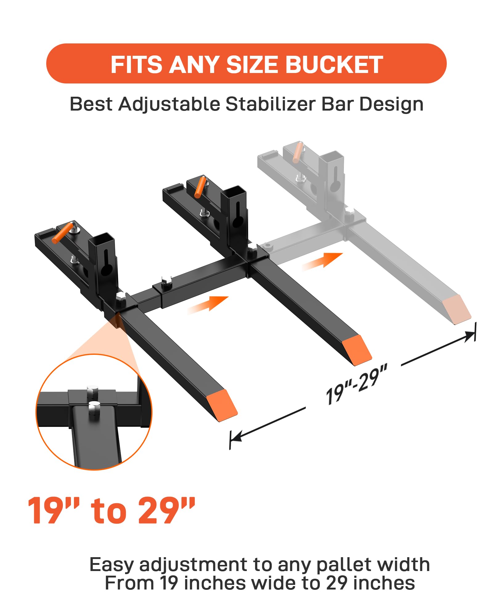 Forche per pallet Garvee da 43" per trattori e minipale, capacità 2000 libbre, sistema di sgancio rapido, barra stabilizzatrice regolabile, acciaio, per impieghi gravosi, agricoltura e edilizia