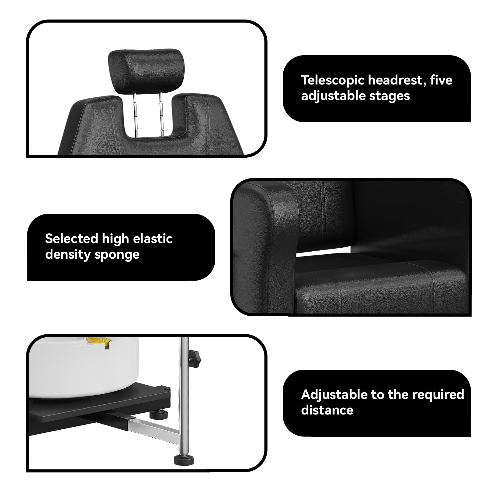 Poltrona pedicure reclinabile Garvee con vasca massaggiante per i piedi, altezza regolabile, girevole a 360°, pelle, poggiapiedi regolabile, nero, salone di bellezza