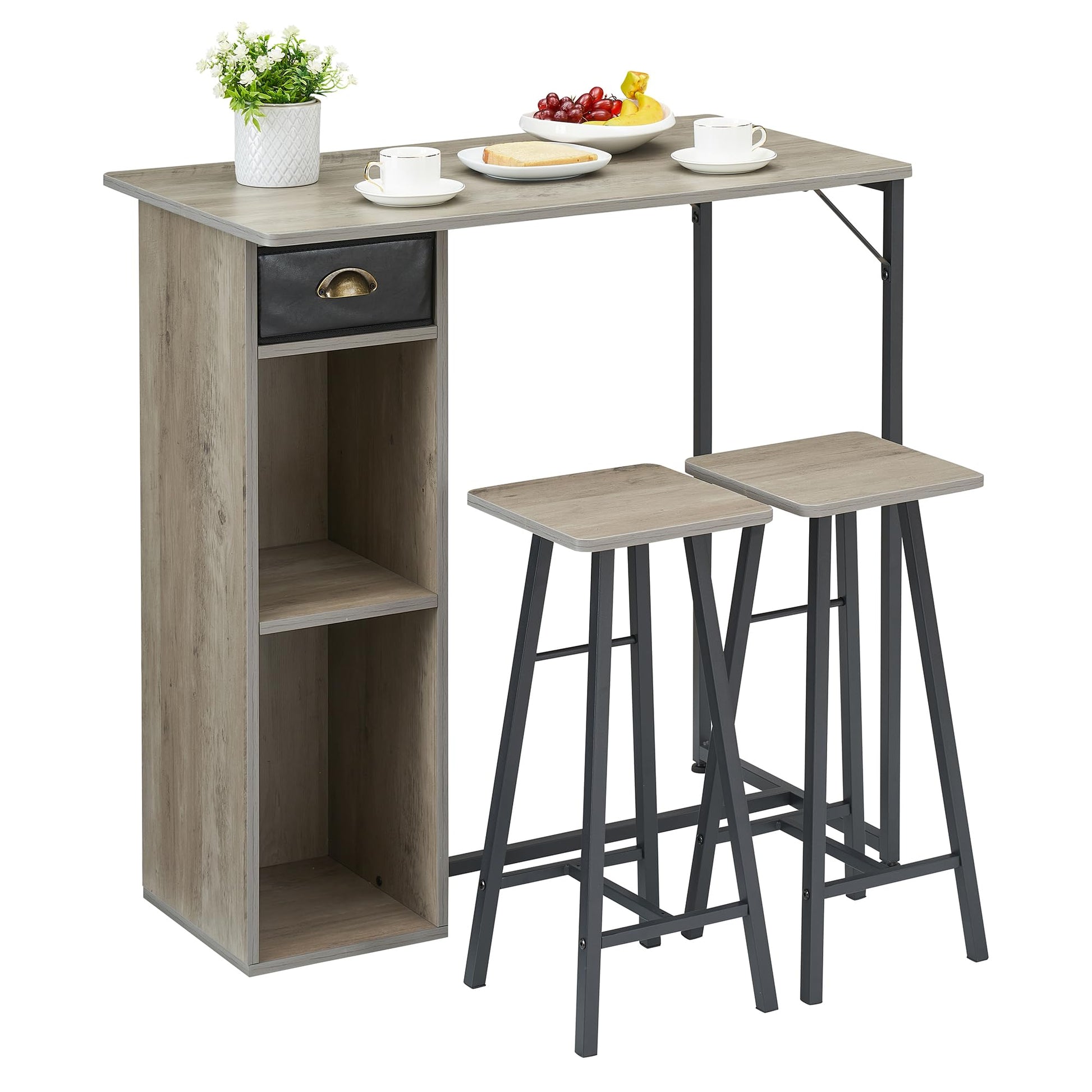 Set tavolo e sedie da bar rustico Garvee, 3 pezzi con contenitore, cuscini ergonomici, struttura in metallo per appartamento e bar, compatto, impermeabile