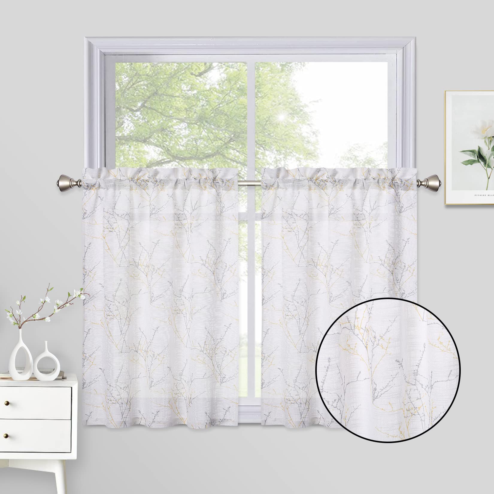 Tende semitrasparenti Garvee con motivo a rami, 26"×36", finto lino, soggiorno, bianco, 2 pezzi
