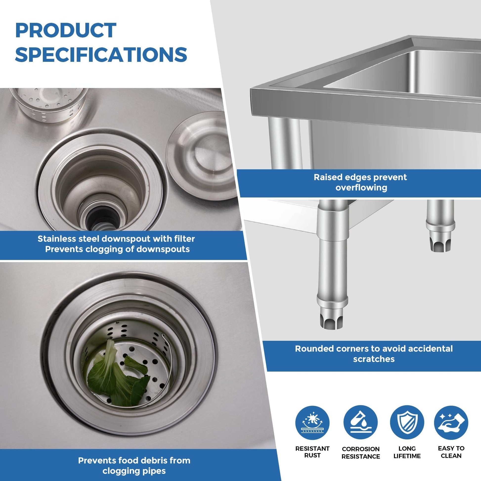 Lavello di servizio in acciaio inossidabile Garvee con rubinetto e piano di lavoro, indipendente, acciaio inossidabile 304, 30 pollici, argento