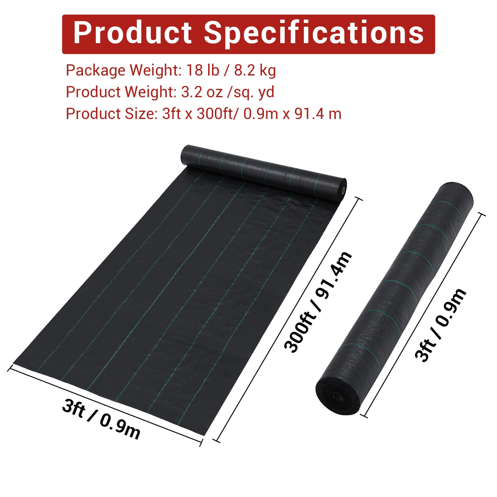 Tessuto anti-erbacce Garvee 3x300 piedi Tessuto per paesaggistica resistente 3,24 once Polipropilene Protezione da giardino Aiule per serre Nero