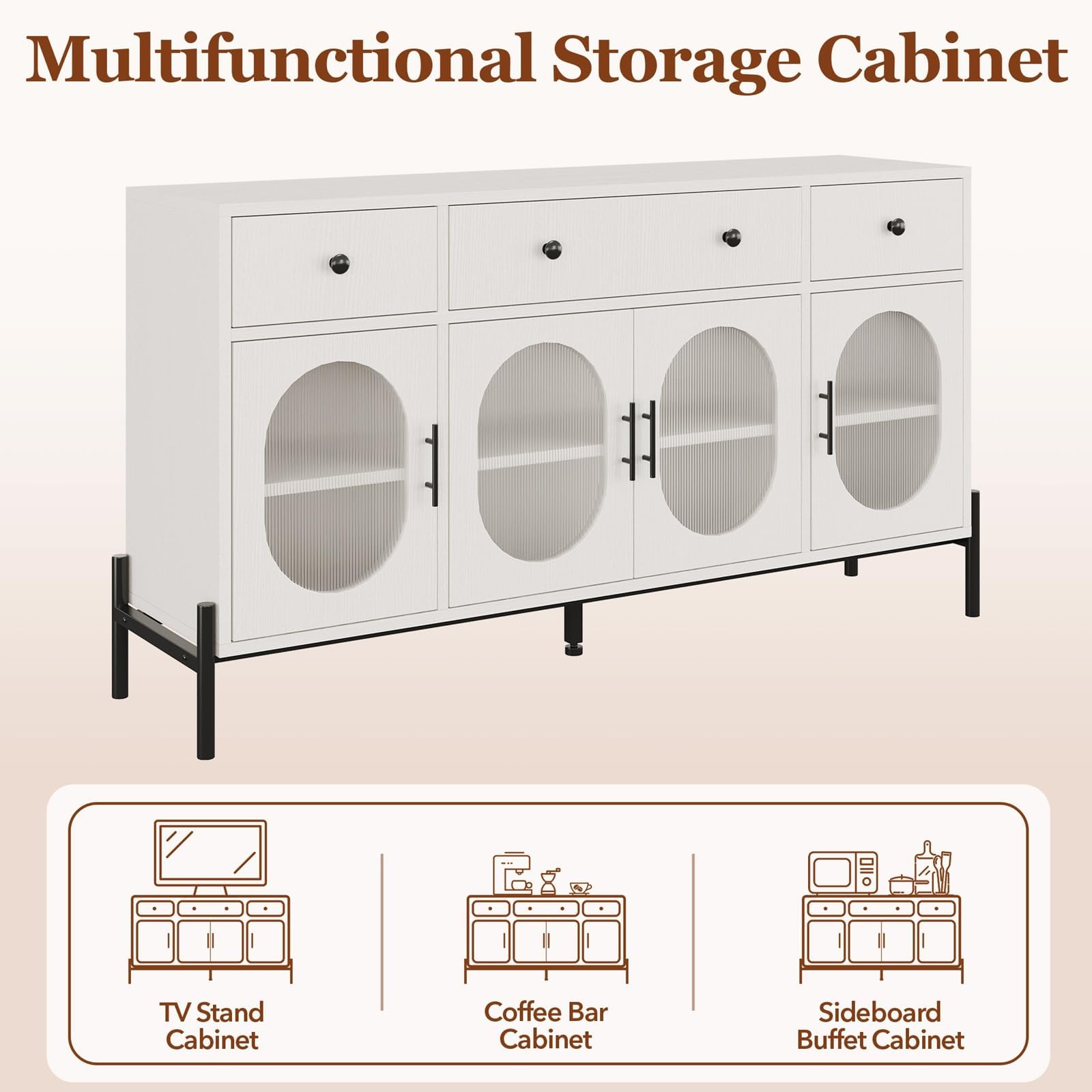 Mobile buffet Garvee da 62'' con spazio di archiviazione, 3 cassetti, 4 ante in vetro scanalato per cucina e sala da pranzo, legno e metallo, robusto, versatile