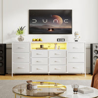 Mobile TV Garvee da 63" per TV da 65-75" con 12 cassetti, illuminazione a LED, rivestimento in tessuto, caricabatterie, ripiani aperti, mobili moderni per soggiorno