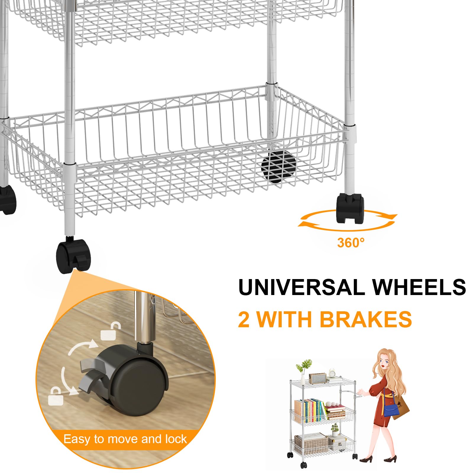 Carrello in metallo Garvee a 3 ripiani con cestini, ripiani regolabili per cucina e bagno, altezza 31,5", cromato