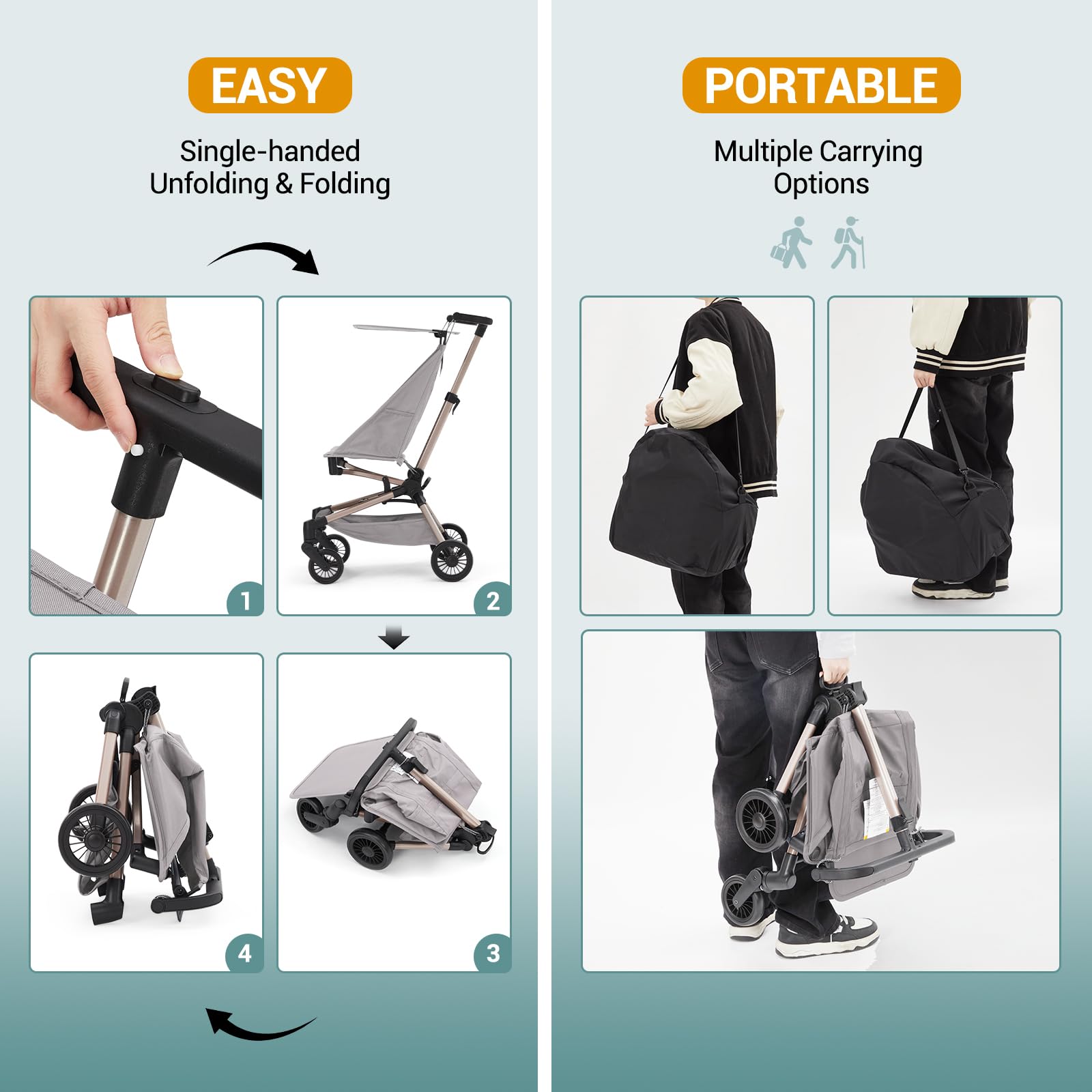 Passeggino leggero Garvee, compatto e pieghevole, con borsa da viaggio per città e viaggi, 18,5x17,7x19,3 pollici, grigio