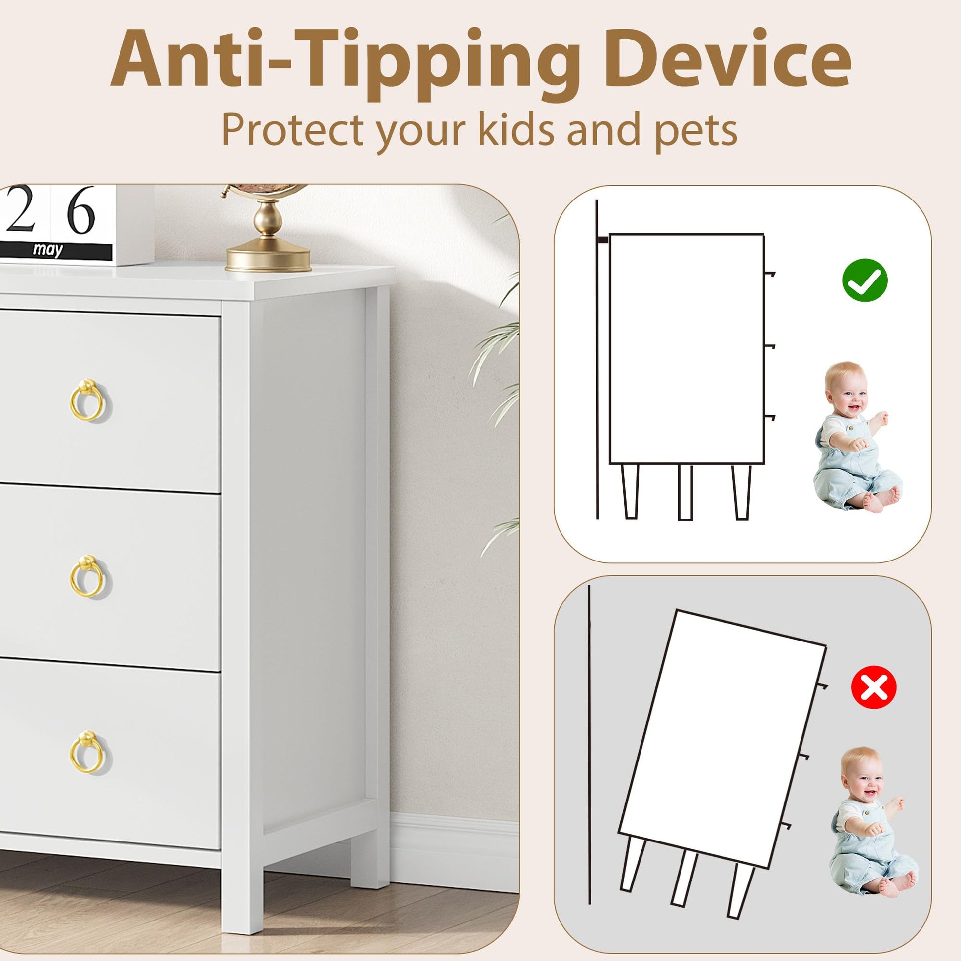 Cassettiera Garvee da camera da letto, 29" con 3 cassetti, bianca, per soggiorno e corridoio, in legno MDF, resistente ai graffi e all'acqua, ampio spazio di archiviazione
