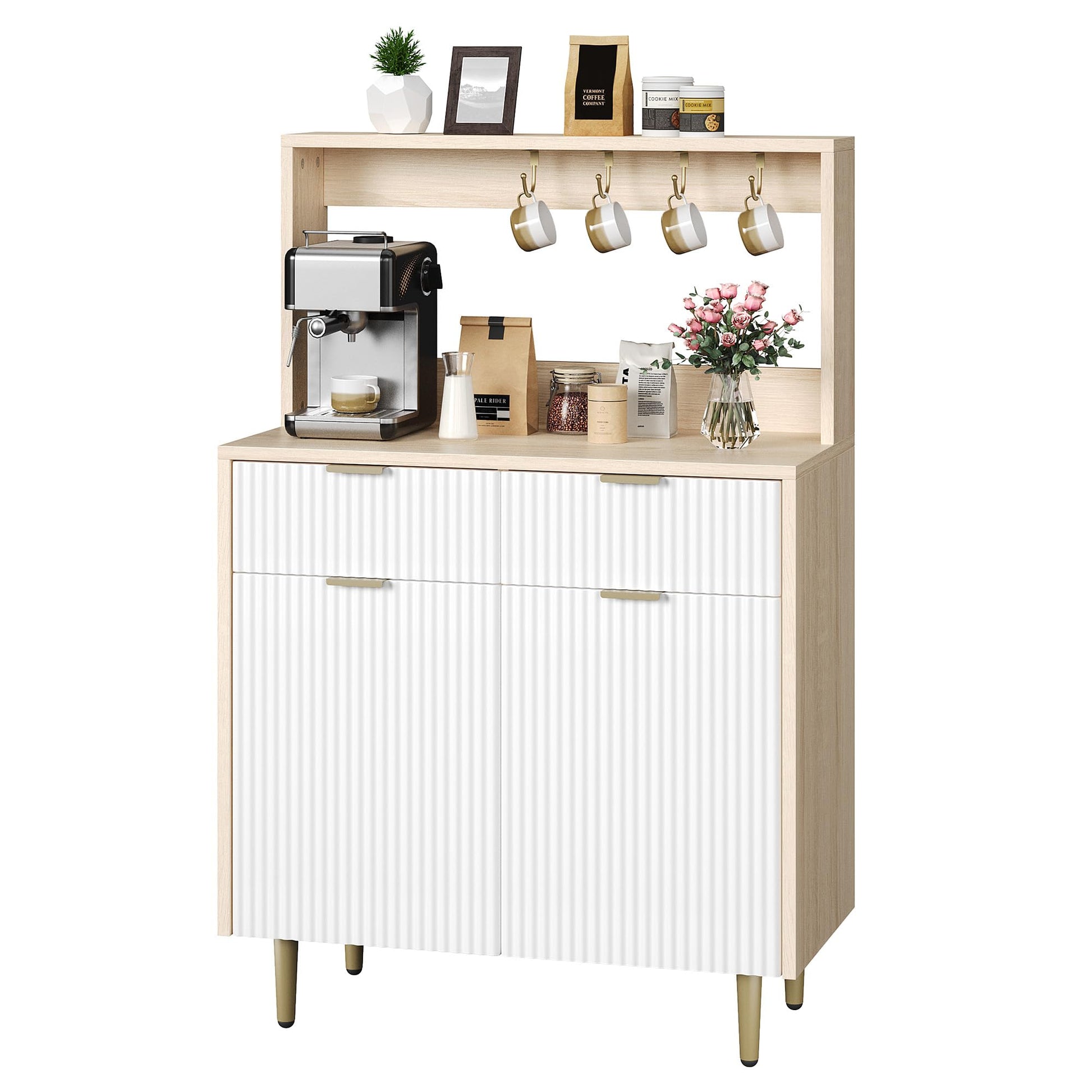 Credenza a buffet scanalata Garvee con ripiani regolabili, 2 cassetti, legno, gambe in metallo, soggiorno e cucina moderni, protezione antiribaltamento, elegante motivo a onde