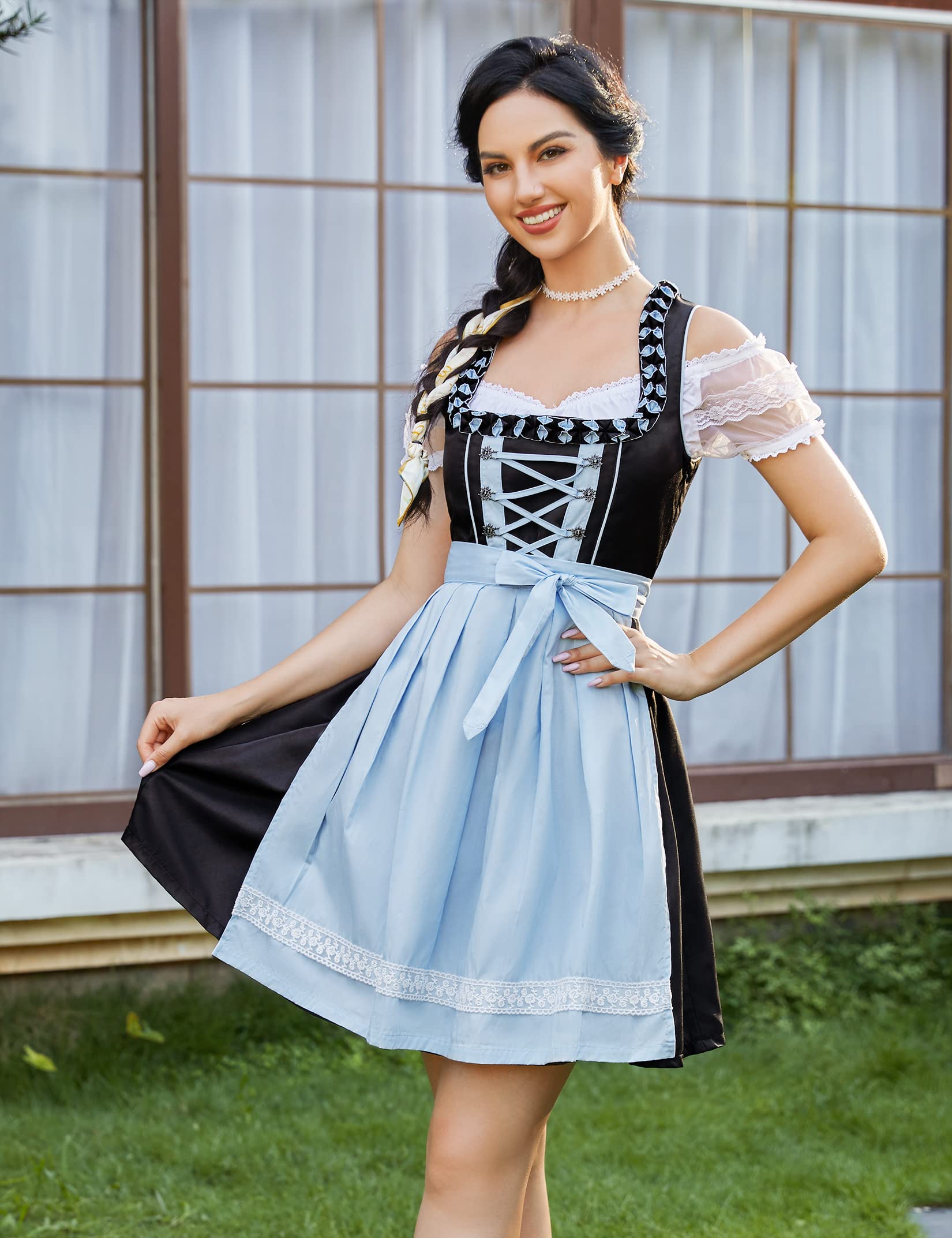 Garvee - Abito tradizionale corto Dirndl in 3 pezzi per l'Oktoberfest, blu, taglia 36