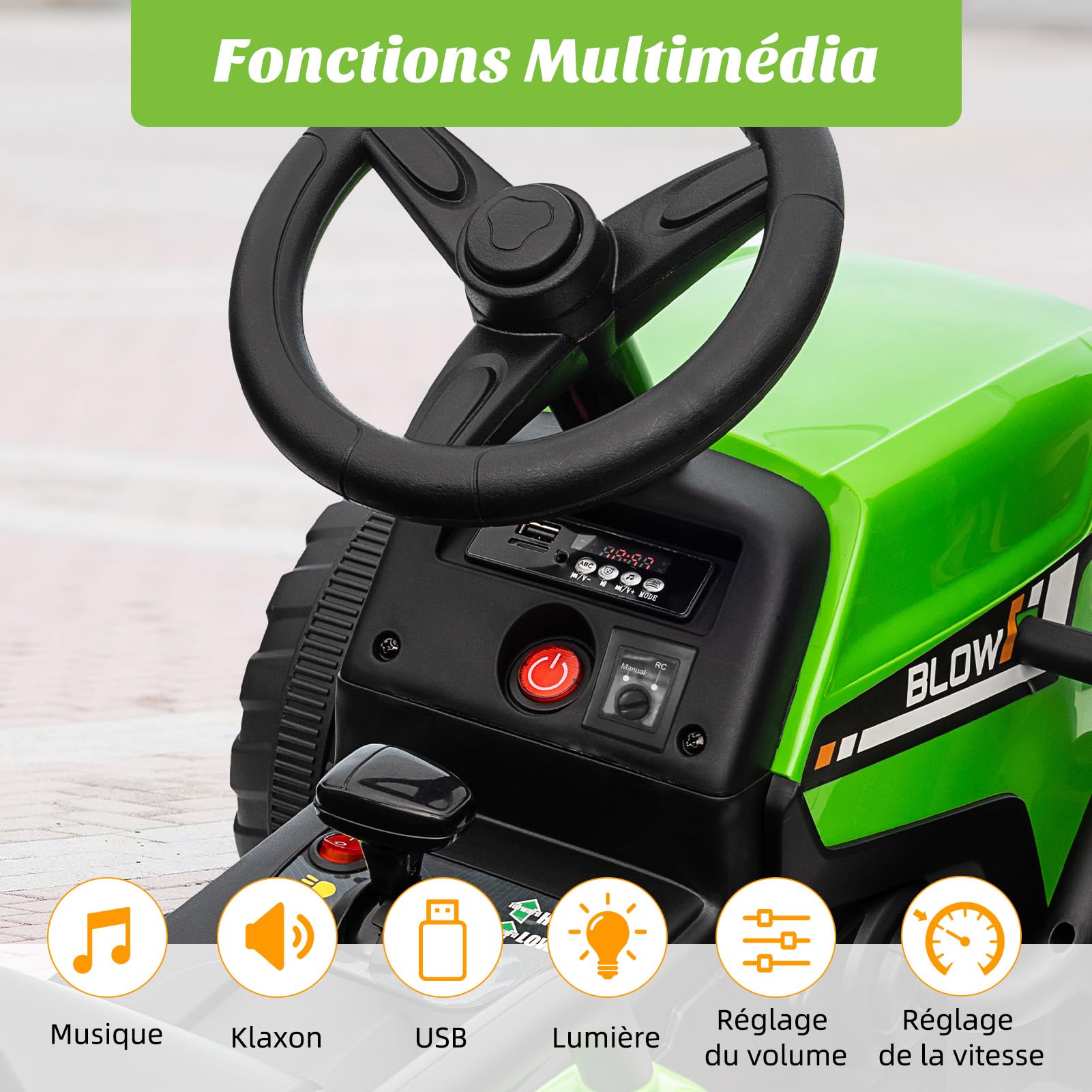 Trattore elettrico Garvee a batteria, giocattolo per bambini, verde, con struttura sicura per i bambini e ruote robuste, per divertirsi dai 3 anni in su, sia all'interno che all'esterno.