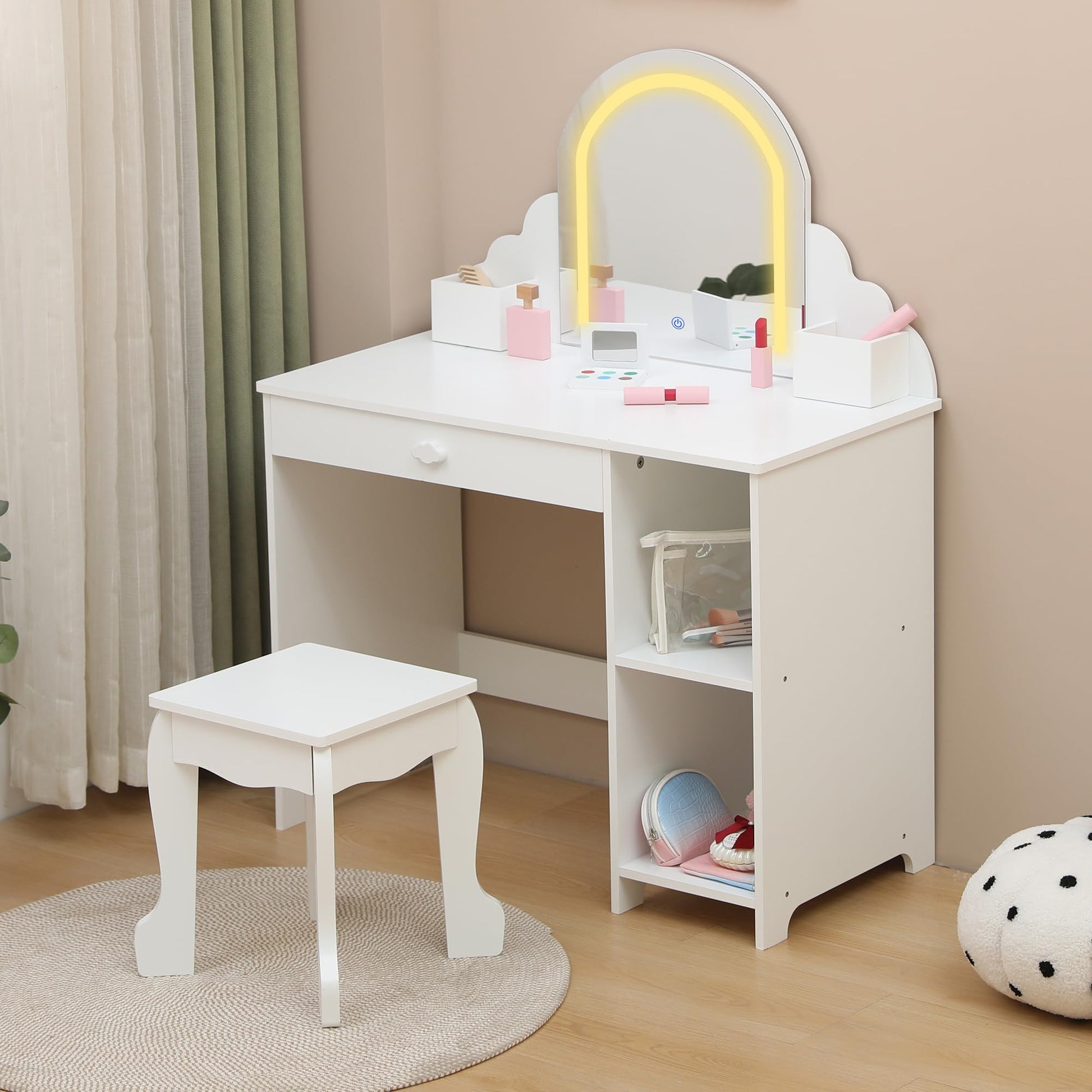 Tavolo da toeletta per bambini Garvee con specchio illuminato e sgabello per bambine dai 3 ai 9 anni, MDF, bianco, luce LED, ampio spazio di archiviazione