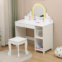Tavolo da toeletta per bambini Garvee con specchio illuminato e sgabello per bambine dai 3 ai 9 anni, MDF, bianco, luce LED, ampio spazio di archiviazione