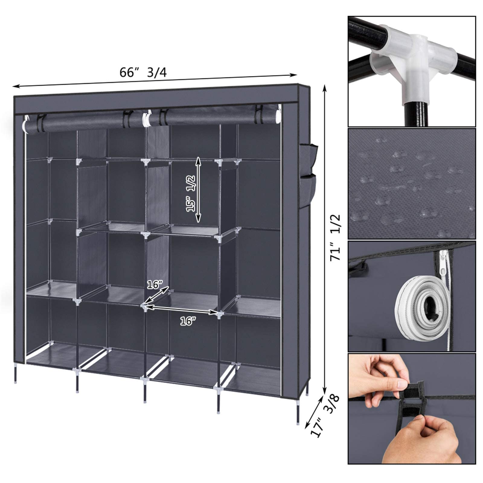 Armadio portatile Garvee con tessuto non tessuto e strati impermeabili per camera da letto, 66x17x66 pollici, grigio