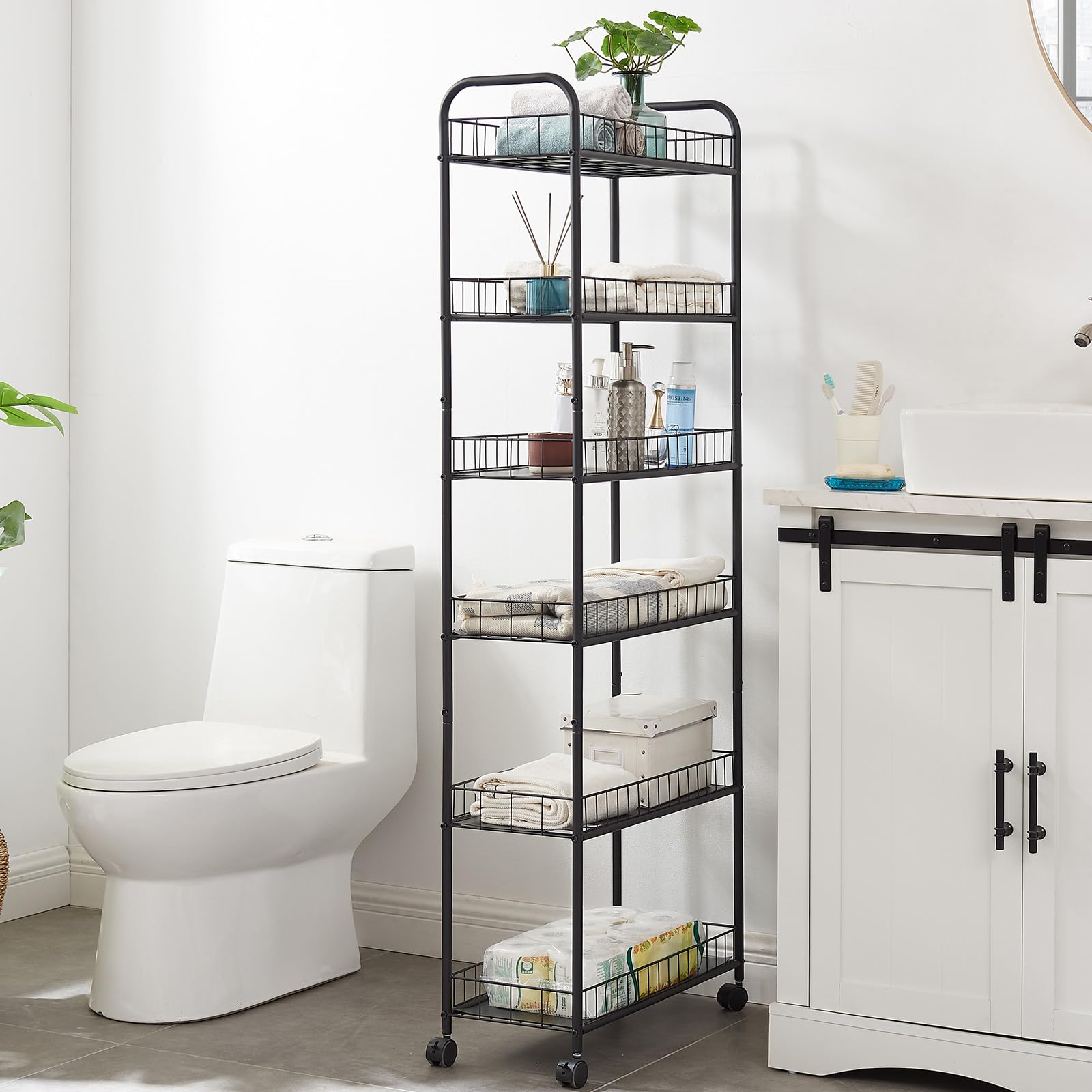 Scaffale alto Garvee con 6 ripiani e ruote per cucina, bagno, magazzino, cantina, garage, lavanderia, 25x58x155 cm, nero, salvaspazio