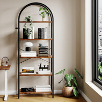 Libreria Garvee a 5 ripiani con struttura in metallo arcuato, moderno scaffale in legno, ampio spazio di archiviazione per soggiorno e ufficio