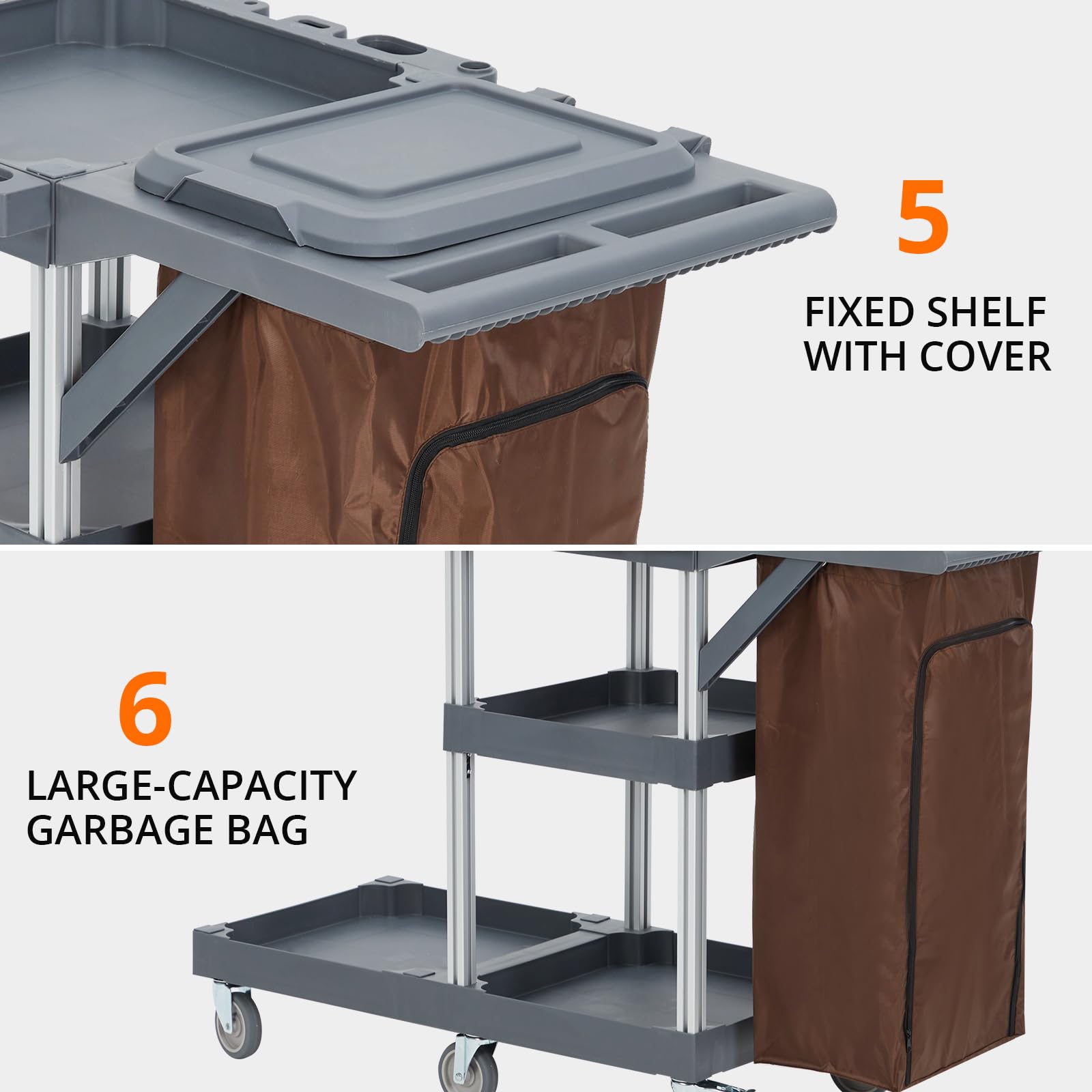 Carrello per la pulizia Garvee con ruote, copertura e sacco in pile per case e hotel, 95x49x22 cm, grigio