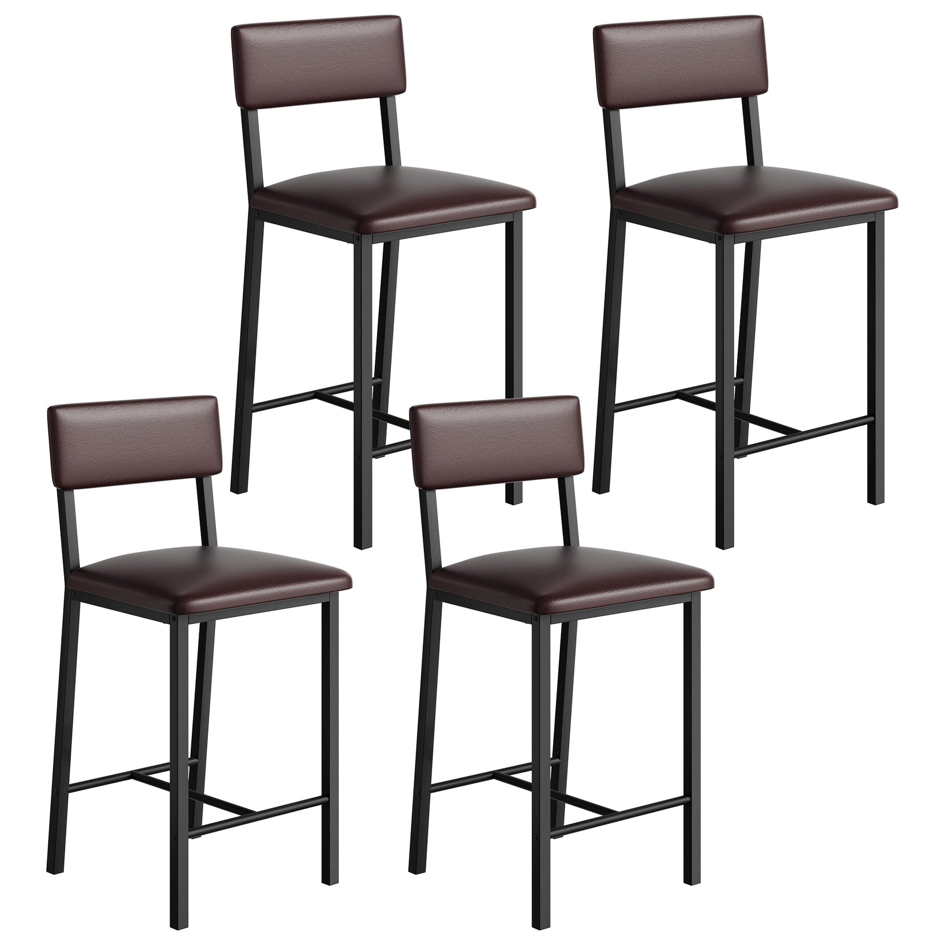 Set di 4 sgabelli da bar Garvee, in similpelle, ergonomici e stabili, struttura in MDF e acciaio, poggiapiedi e schienale, marrone scuro, per cucina e bar